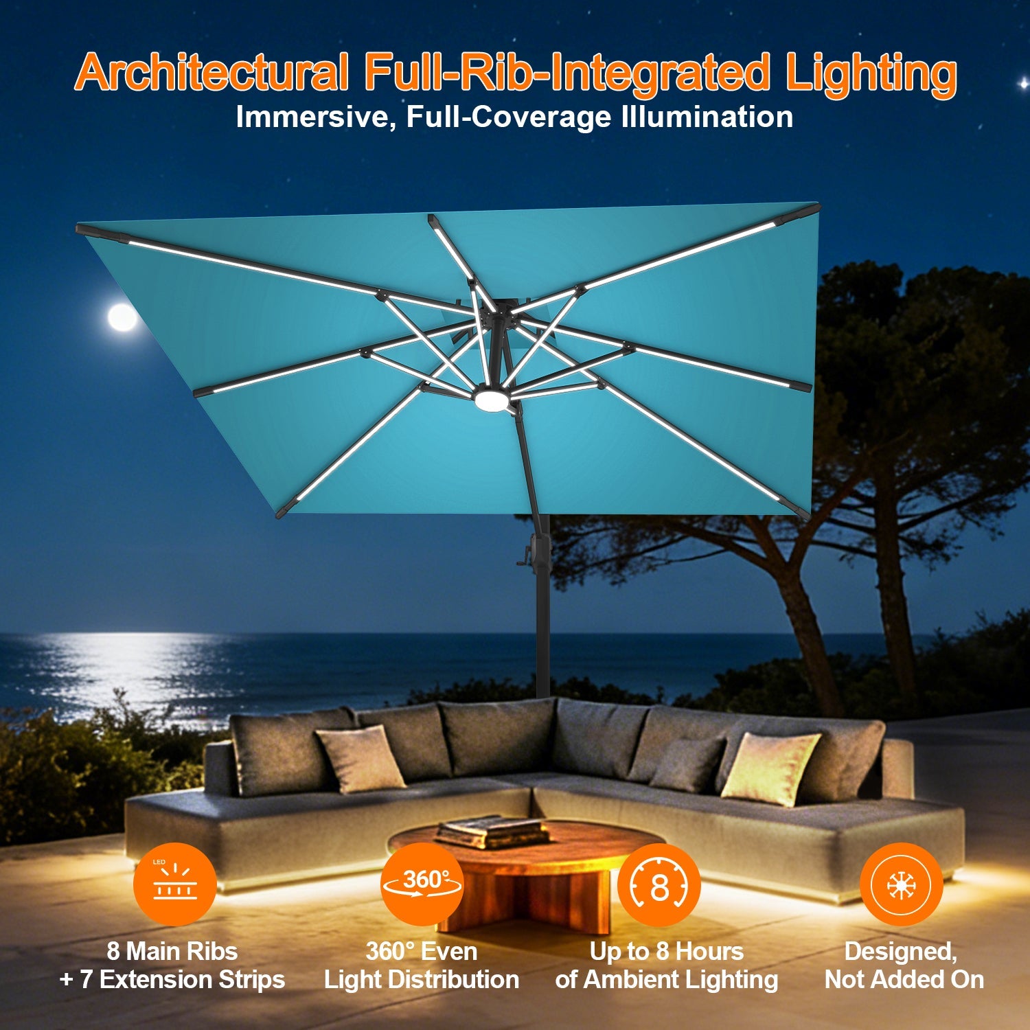 Sunvanta Auron Premium Cantilever Umbrella with Full-Rib LED Strip Lighting, Reinforced Fibreglass Ribs and Powder-Coated Aluminium Pole for Luxury Patio & Garden Shade