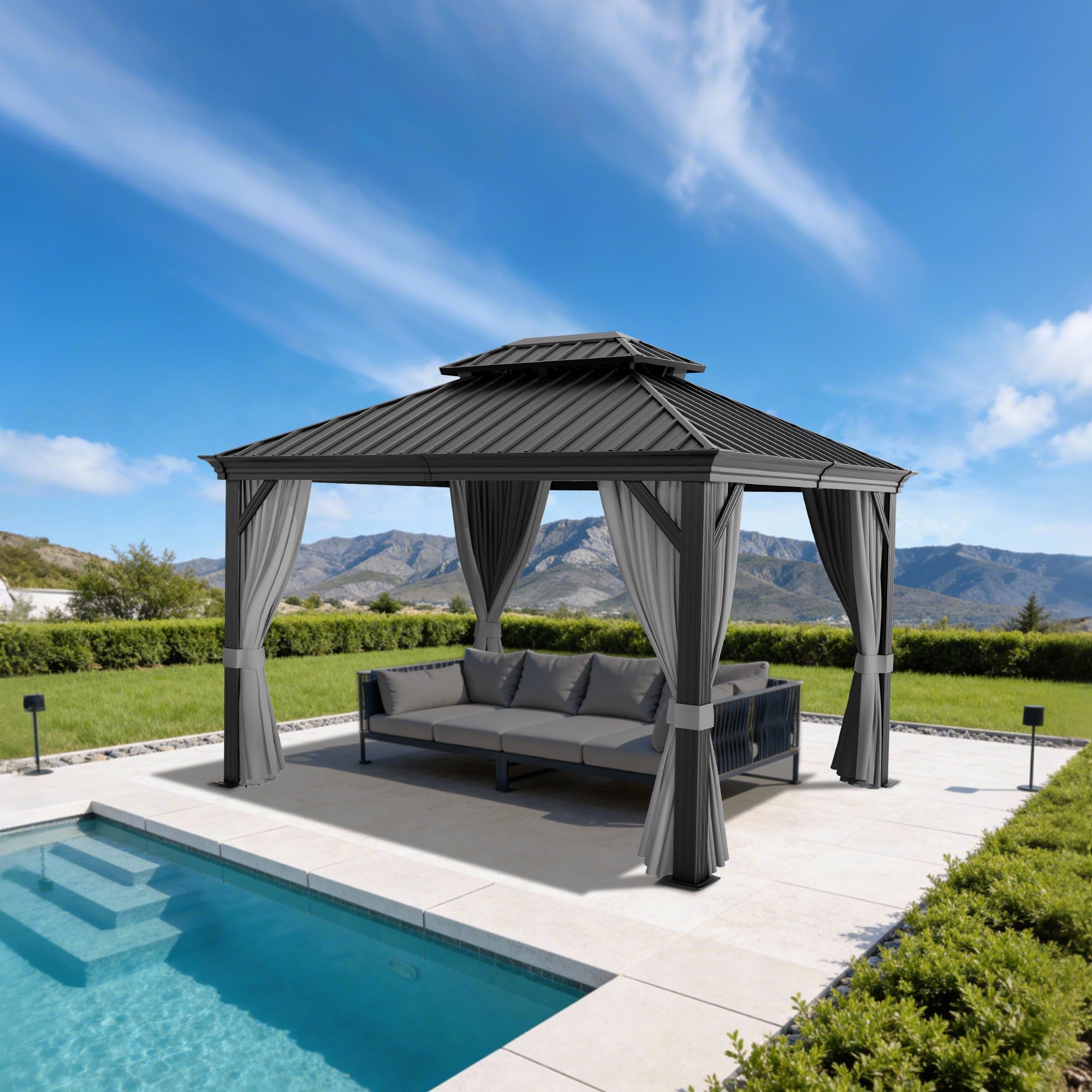 Sunvanta Haven Luxury Hardtop Gazebo with 4.7” × 4.7” Reinforced Aluminum Posts, Integrated Drainage System, Curtains & Netting for Patio & Backyard Use