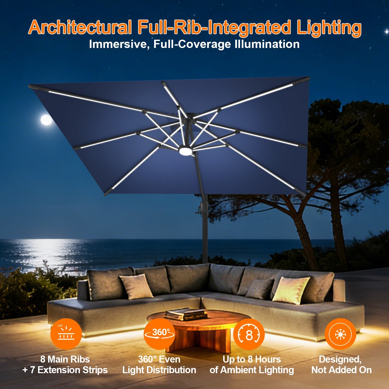 Sunvanta Auron Premium Cantilever Umbrella with Full-Rib LED Strip Lighting, Reinforced Fibreglass Ribs and Powder-Coated Aluminium Pole for Luxury Patio & Garden Shade