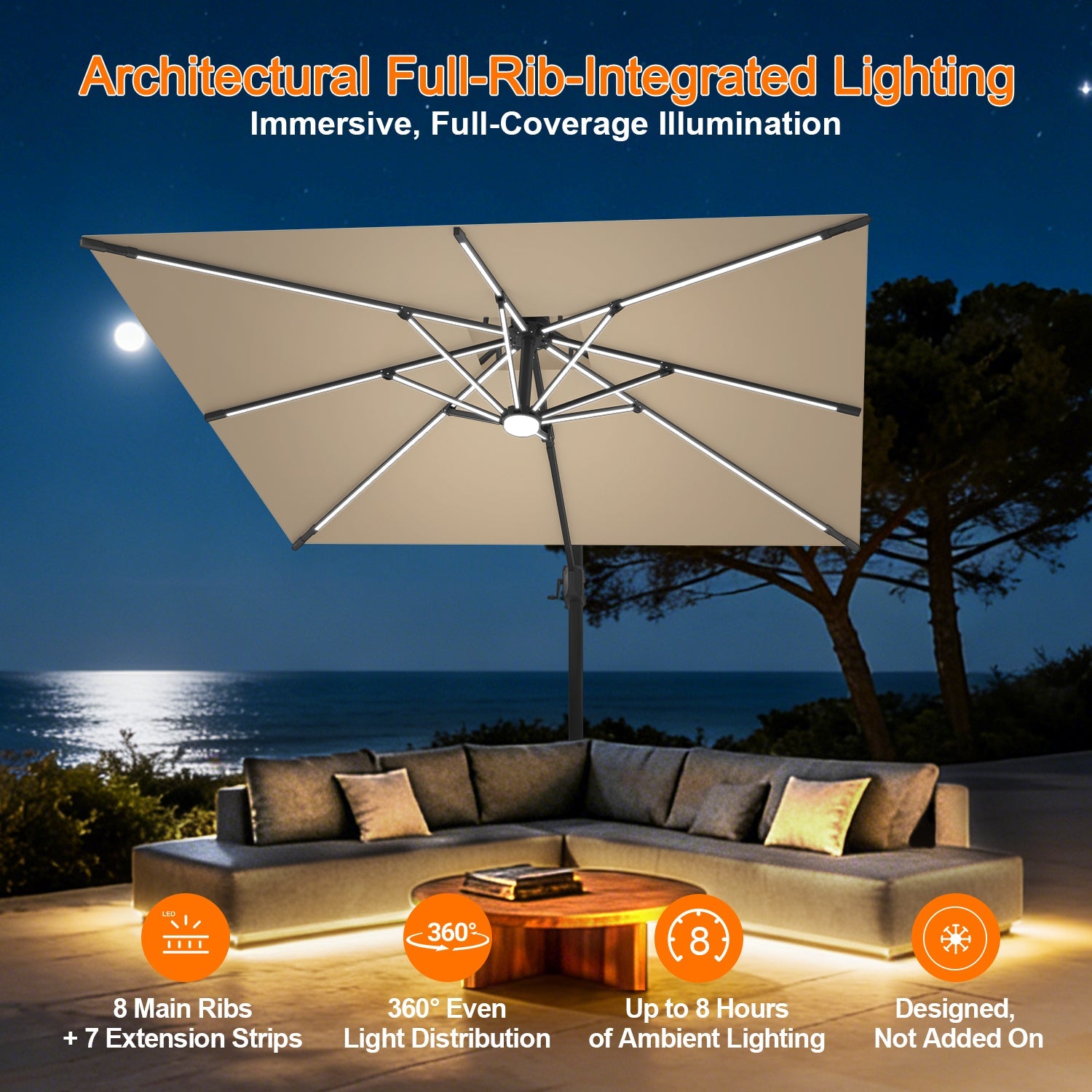 Sunvanta Auron Premium Cantilever Umbrella with Full-Rib LED Strip Lighting, Reinforced Fibreglass Ribs and Powder-Coated Aluminium Pole for Luxury Patio & Garden Shade