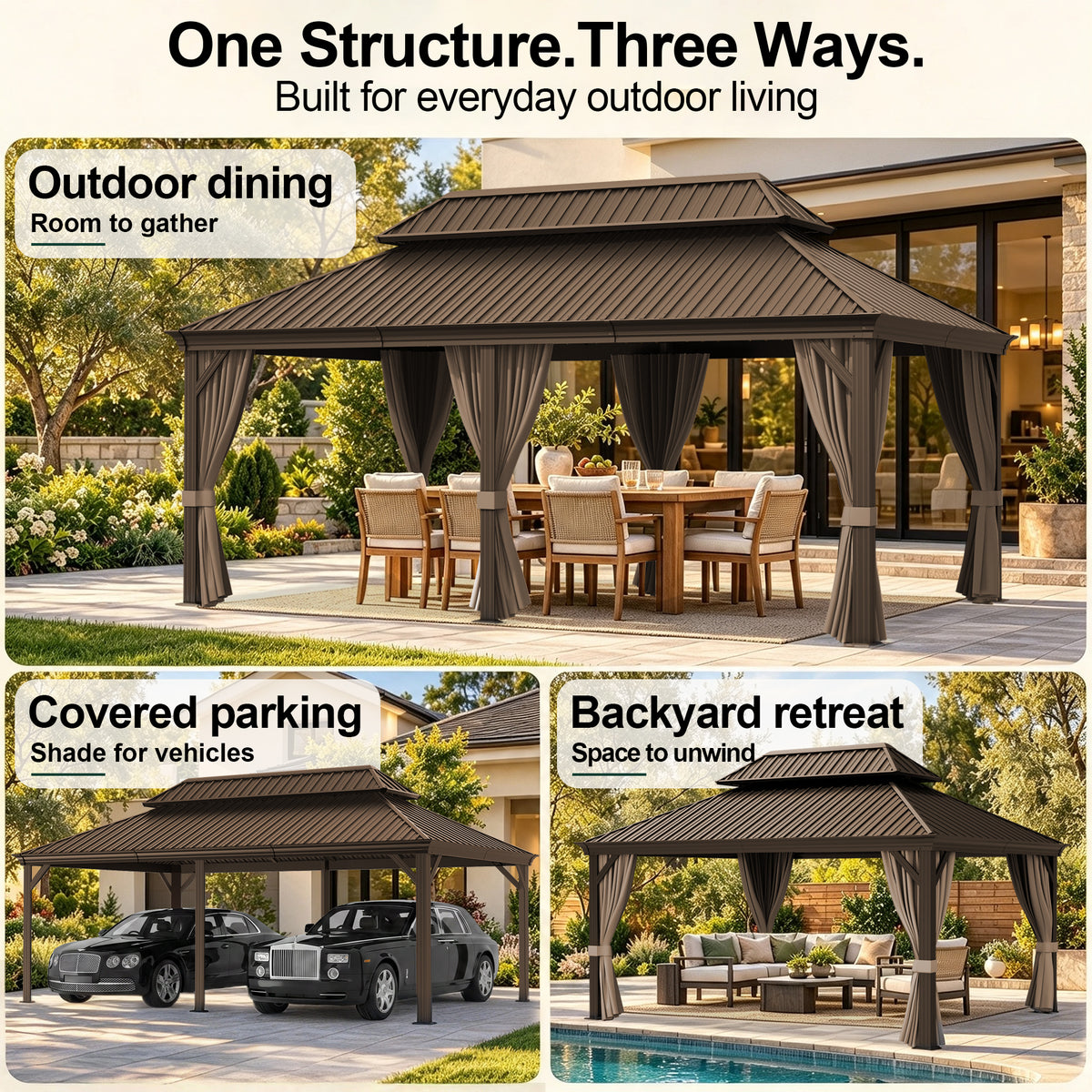 Sunvanta Haven Luxury Hardtop Gazebo with 4.7” × 4.7” Reinforced Aluminum Posts, Integrated Drainage System, Curtains & Netting for Patio & Backyard Use