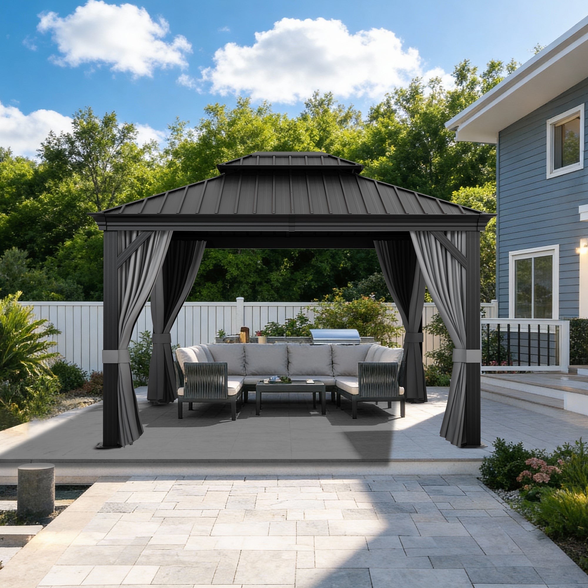 Sunvanta Haven Luxury Hardtop Gazebo with 4.7” × 4.7” Reinforced Aluminum Posts, Integrated Drainage System, Curtains & Netting for Patio & Backyard Use