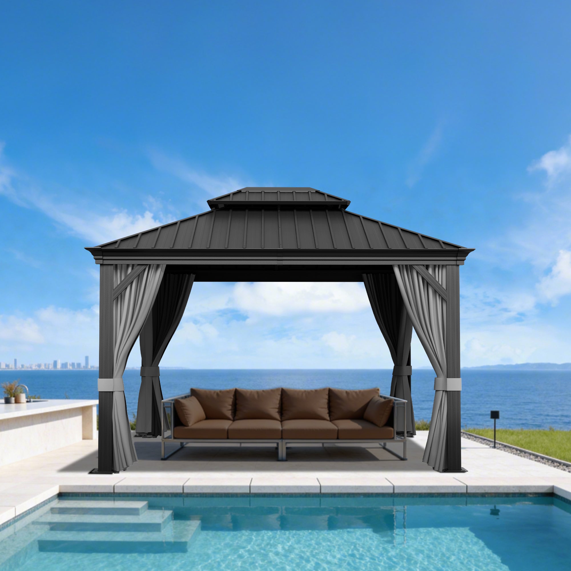Sunvanta Haven Luxury Hardtop Gazebo with 4.7” × 4.7” Reinforced Aluminum Posts, Integrated Drainage System, Curtains & Netting for Patio & Backyard Use