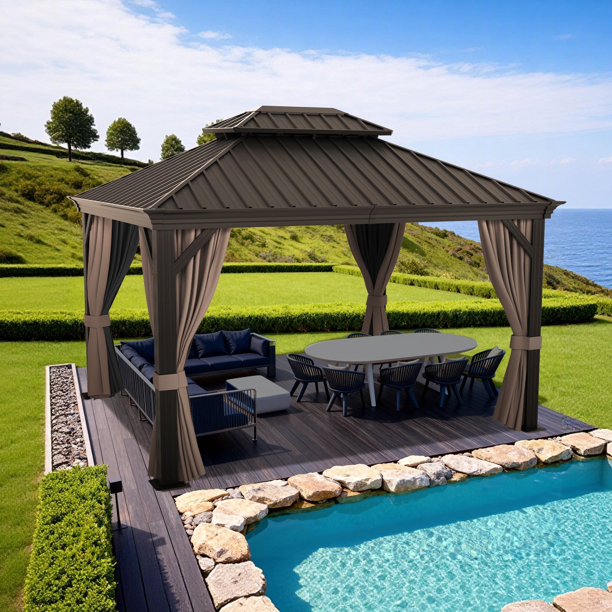 Sunvanta Haven Luxury Hardtop Gazebo with 4.7” × 4.7” Reinforced Aluminum Posts, Integrated Drainage System, Curtains & Netting for Patio & Backyard Use