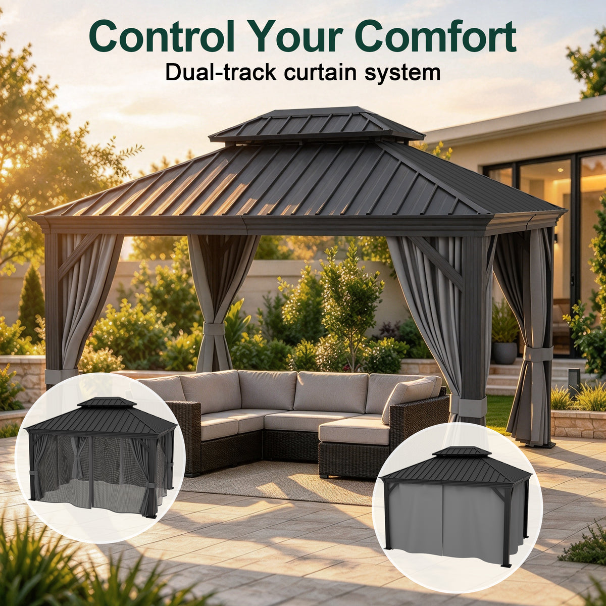 Sunvanta Haven Luxury Hardtop Gazebo with 4.7” × 4.7” Reinforced Aluminum Posts, Integrated Drainage System, Curtains & Netting for Patio & Backyard Use