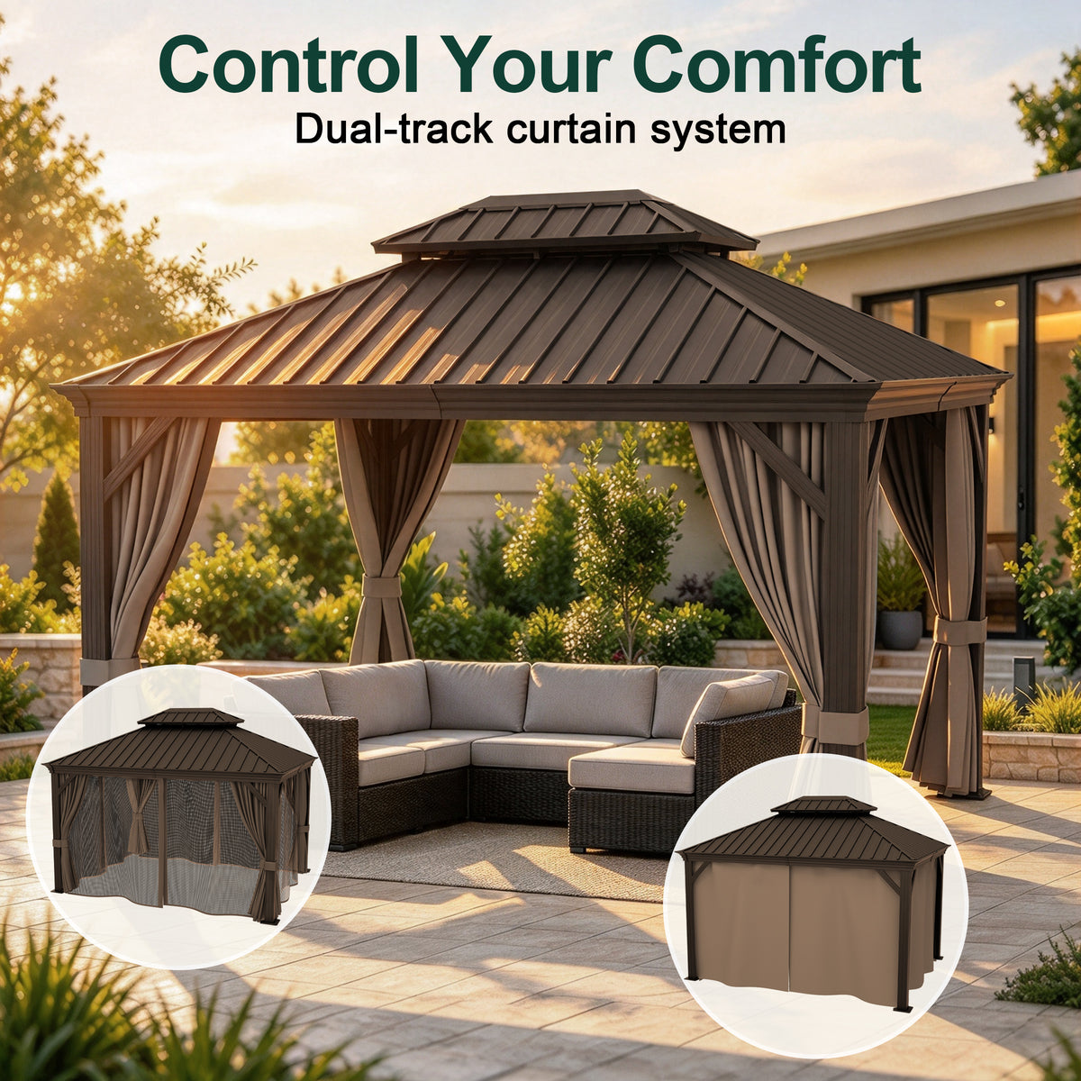 Sunvanta Haven Luxury Hardtop Gazebo with 4.7” × 4.7” Reinforced Aluminum Posts, Integrated Drainage System, Curtains & Netting for Patio & Backyard Use