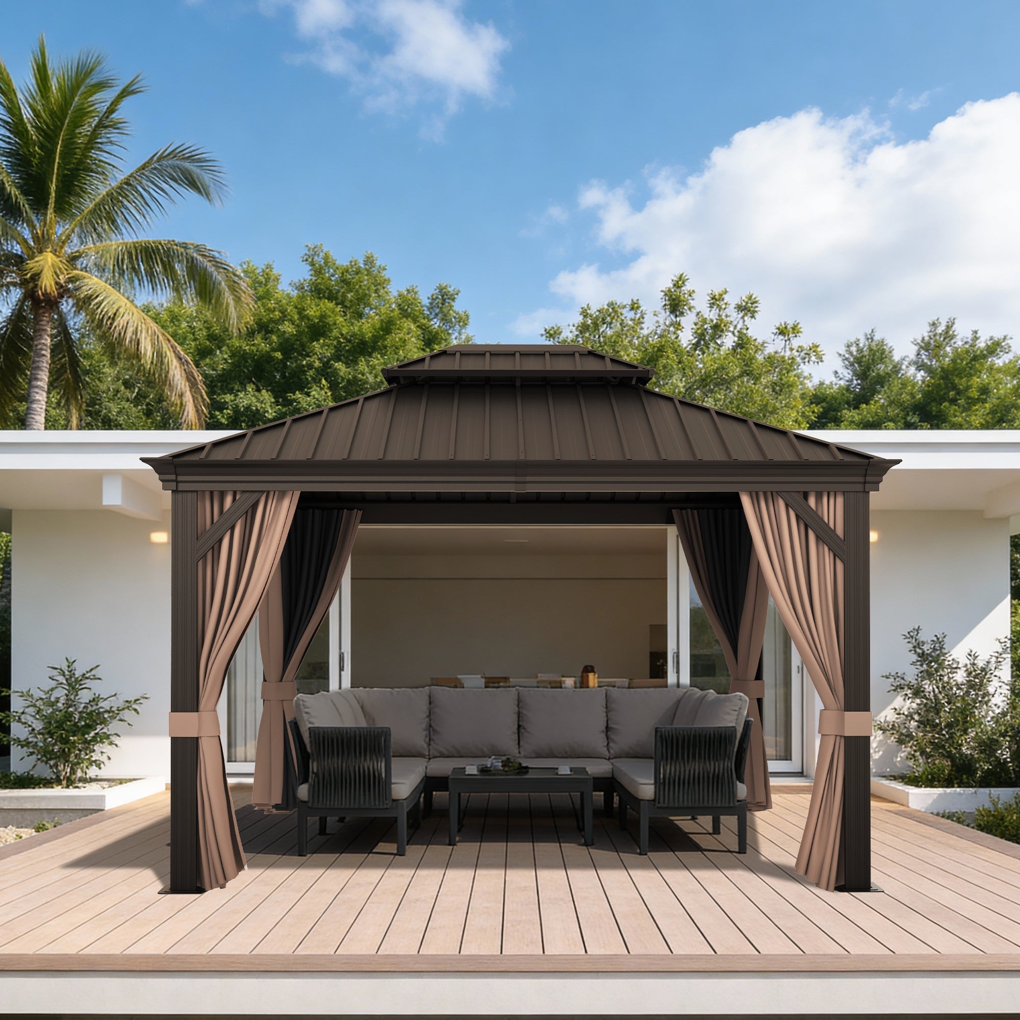 Sunvanta Haven Luxury Hardtop Gazebo with 4.7” × 4.7” Reinforced Aluminum Posts, Integrated Drainage System, Curtains & Netting for Patio & Backyard Use