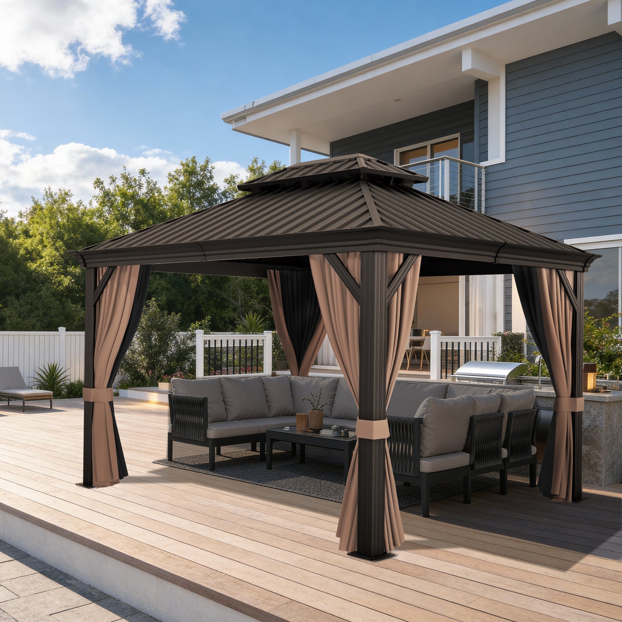 Sunvanta Haven Luxury Hardtop Gazebo with 4.7” × 4.7” Reinforced Aluminum Posts, Integrated Drainage System, Curtains & Netting for Patio & Backyard Use