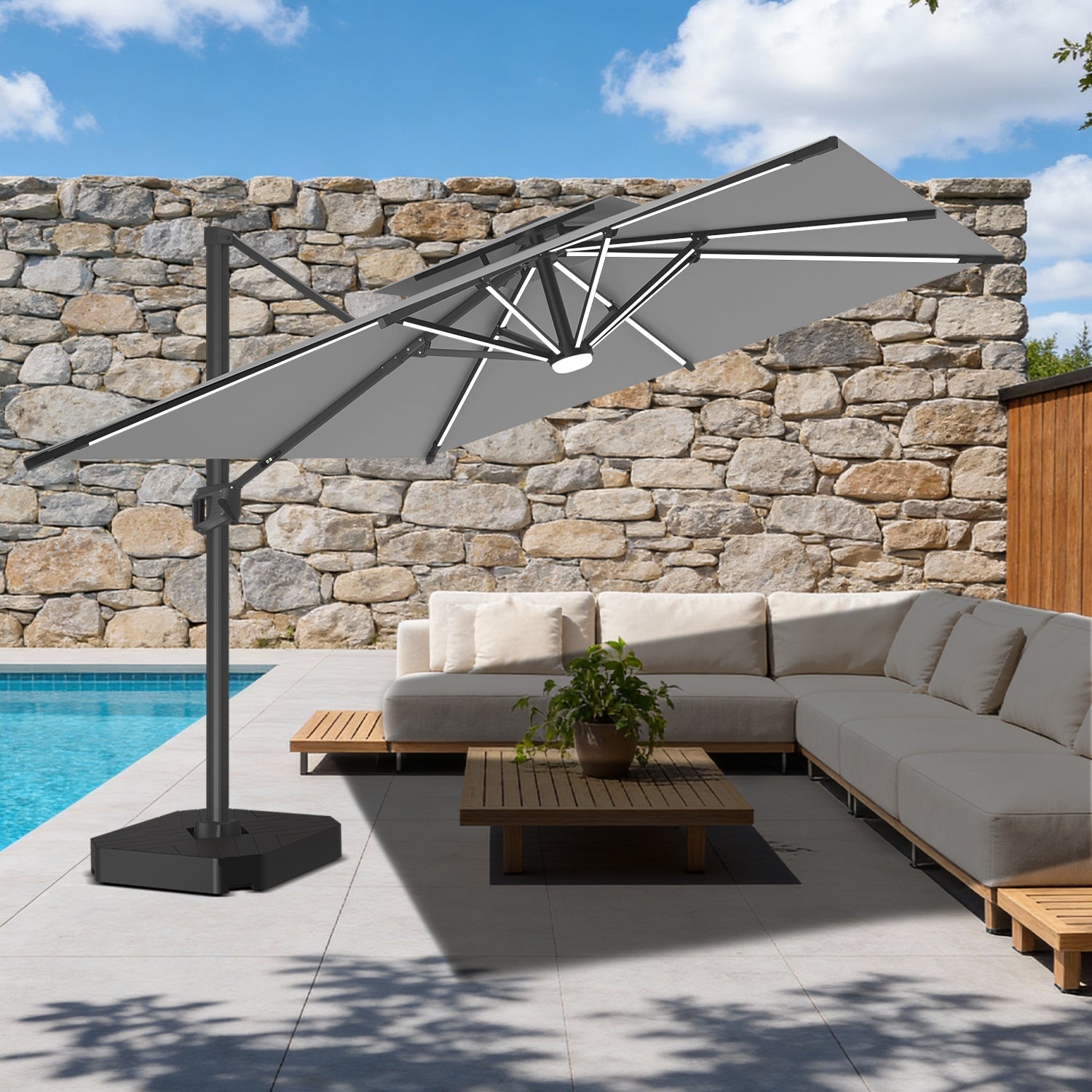 Sunvanta Auron Premium Cantilever Umbrella with Full-Rib LED Strip Lighting, Reinforced Fibreglass Ribs and Powder-Coated Aluminium Pole for Luxury Patio & Garden Shade