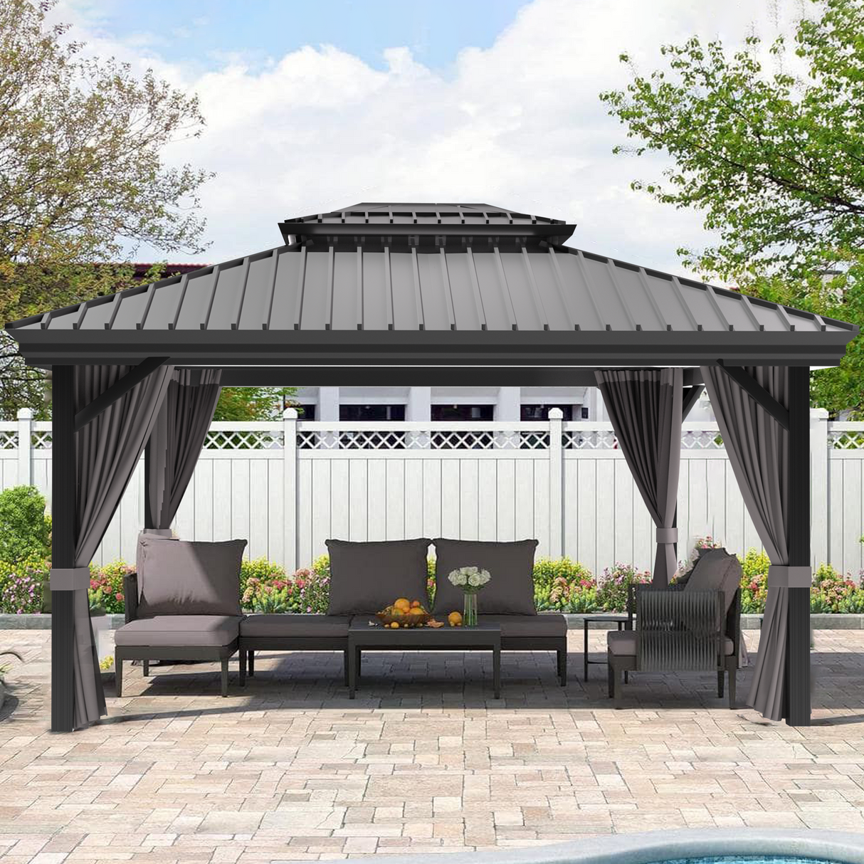 Sunvanta Haven Luxury Hardtop Gazebo with 4.7” × 4.7” Reinforced Aluminum Posts, Integrated Drainage System, Curtains & Netting for Patio & Backyard Use