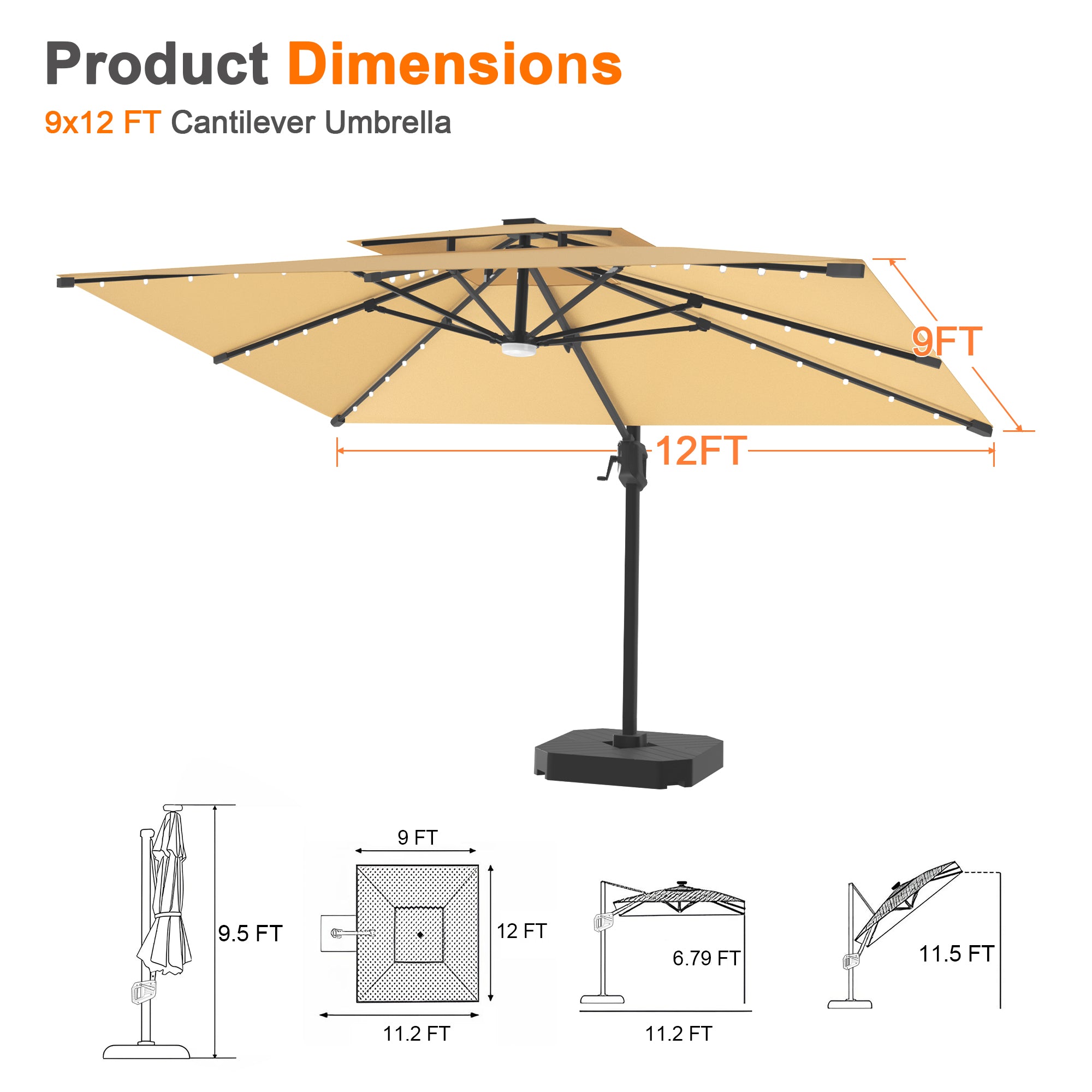 Sunvanta Auron Pro Cantilever Umbrella with Built-In LED Lighting and Reinforced Aluminum Frame for Patio & Garden Use