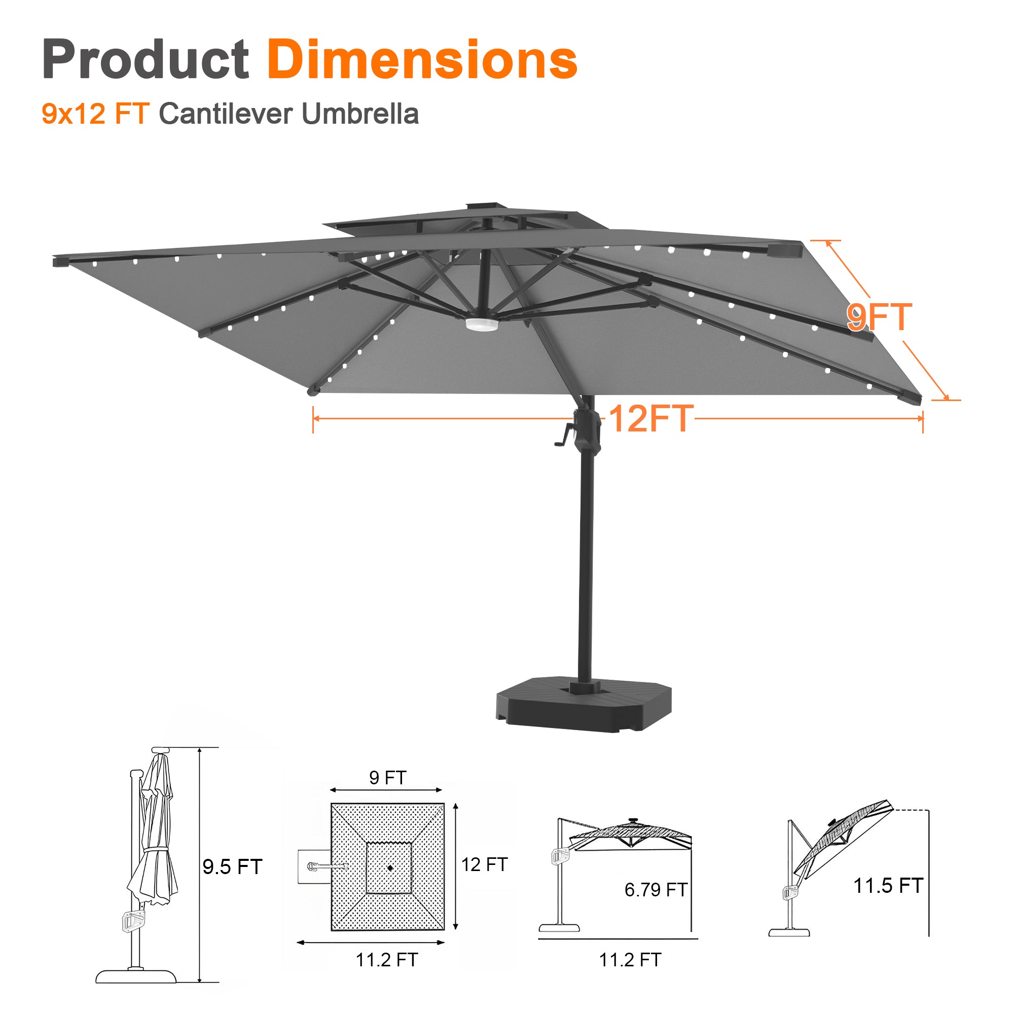 Sunvanta Auron Pro Cantilever Umbrella with Built-In LED Lighting and Reinforced Aluminum Frame for Patio & Garden Use