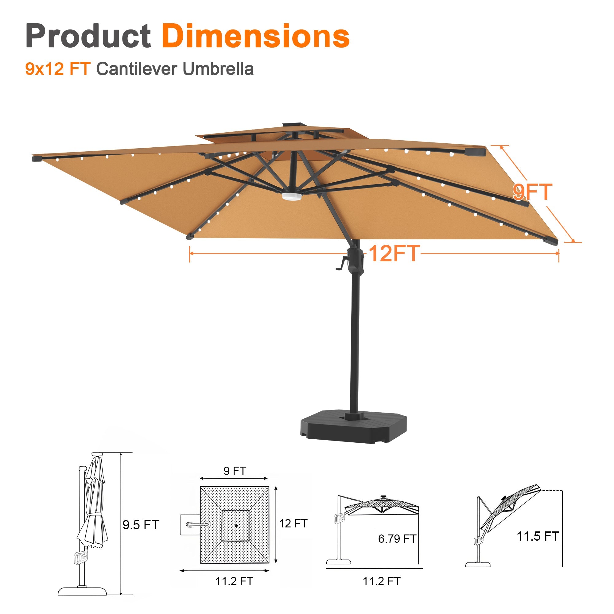 Sunvanta Auron Pro Cantilever Umbrella with Built-In LED Lighting and Reinforced Aluminum Frame for Patio & Garden Use
