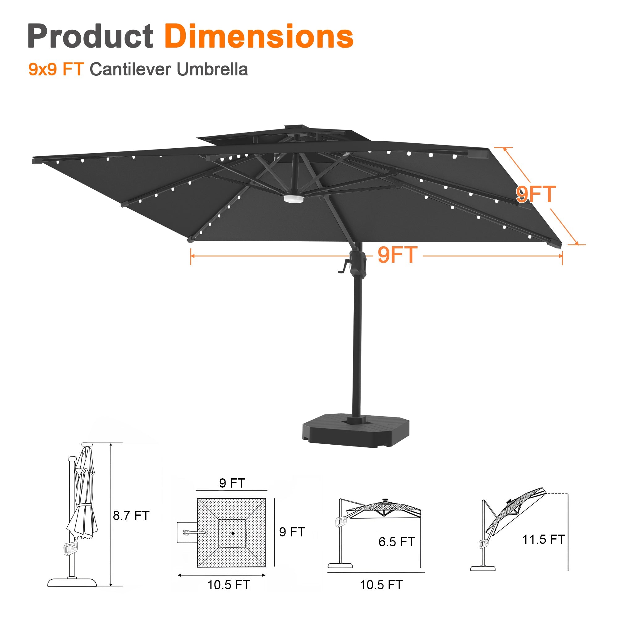 Sunvanta Auron Pro Cantilever Umbrella with Built-In LED Lighting and Reinforced Aluminum Frame for Patio & Garden Use