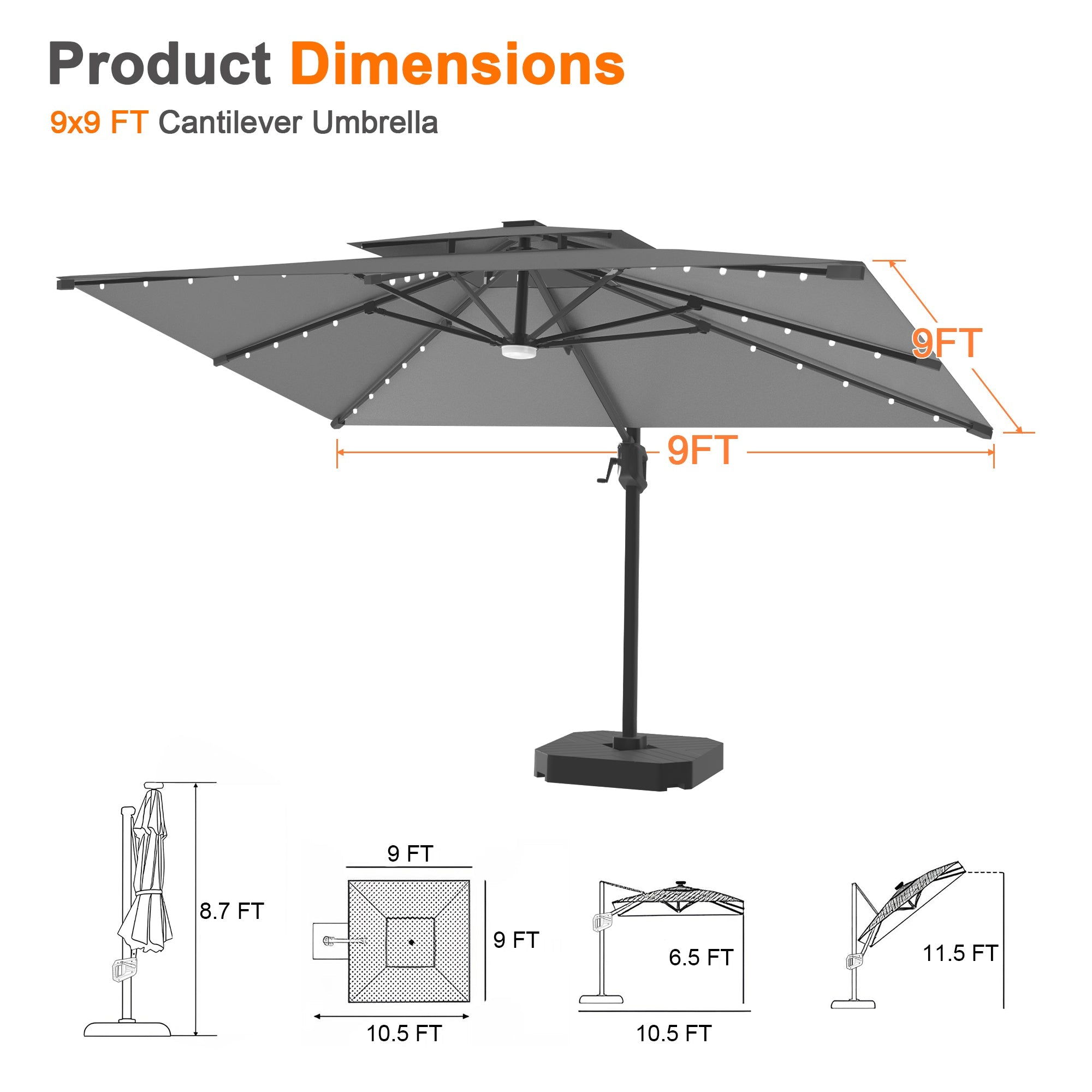 Sunvanta Auron Pro Cantilever Umbrella with Built-In LED Lighting and Reinforced Aluminum Frame for Patio & Garden Use