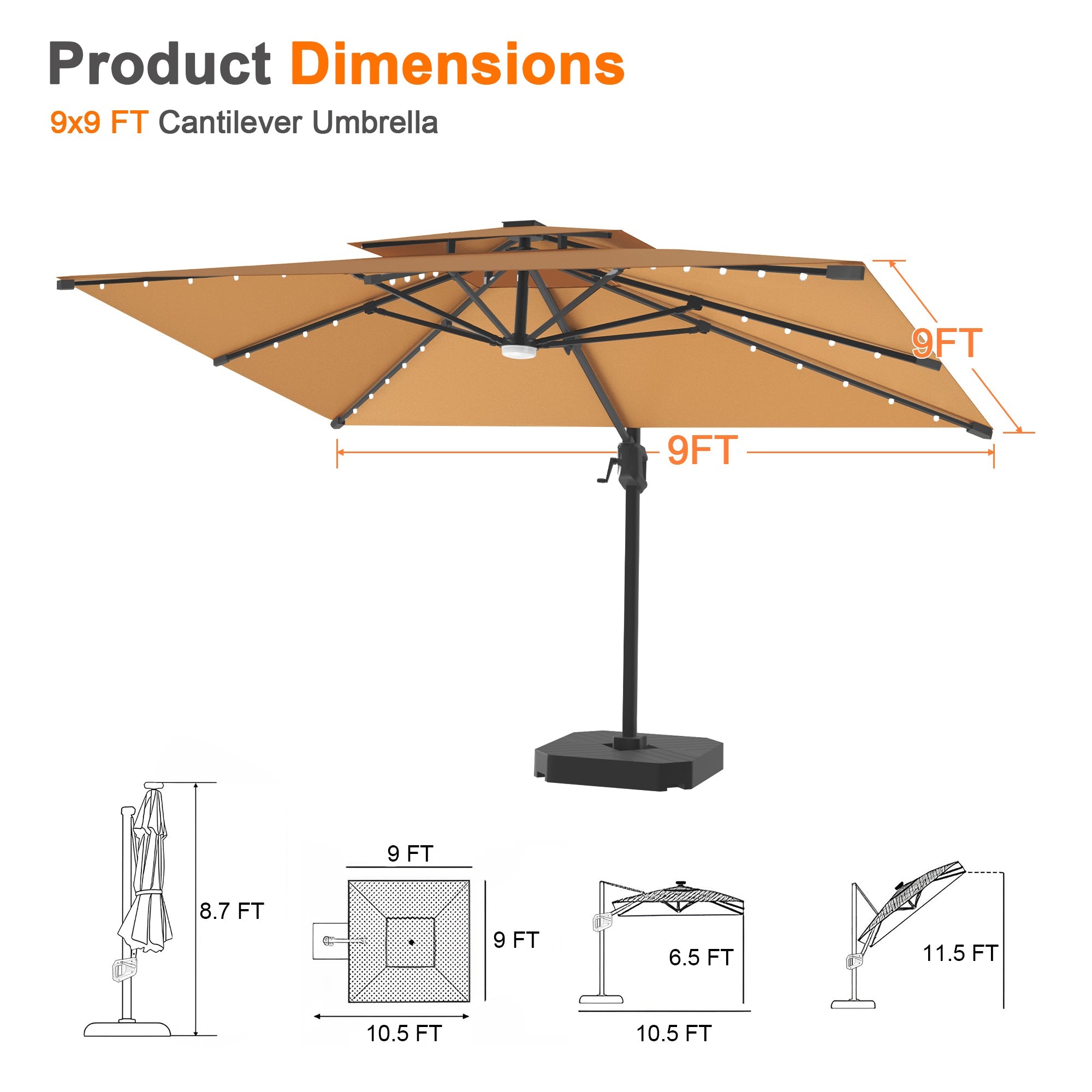 Sunvanta Auron Pro Cantilever Umbrella with Built-In LED Lighting and Reinforced Aluminum Frame for Patio & Garden Use