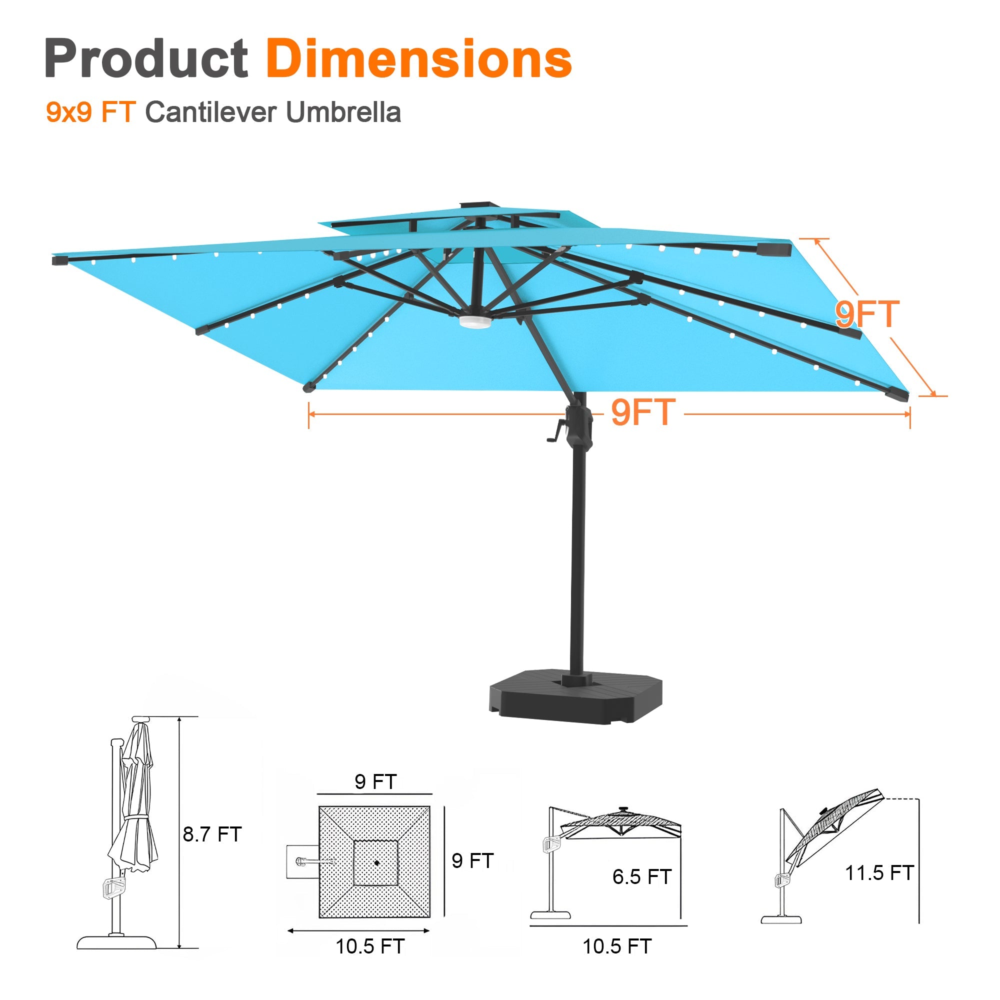 Sunvanta Auron Pro Cantilever Umbrella with Built-In LED Lighting and Reinforced Aluminum Frame for Patio & Garden Use