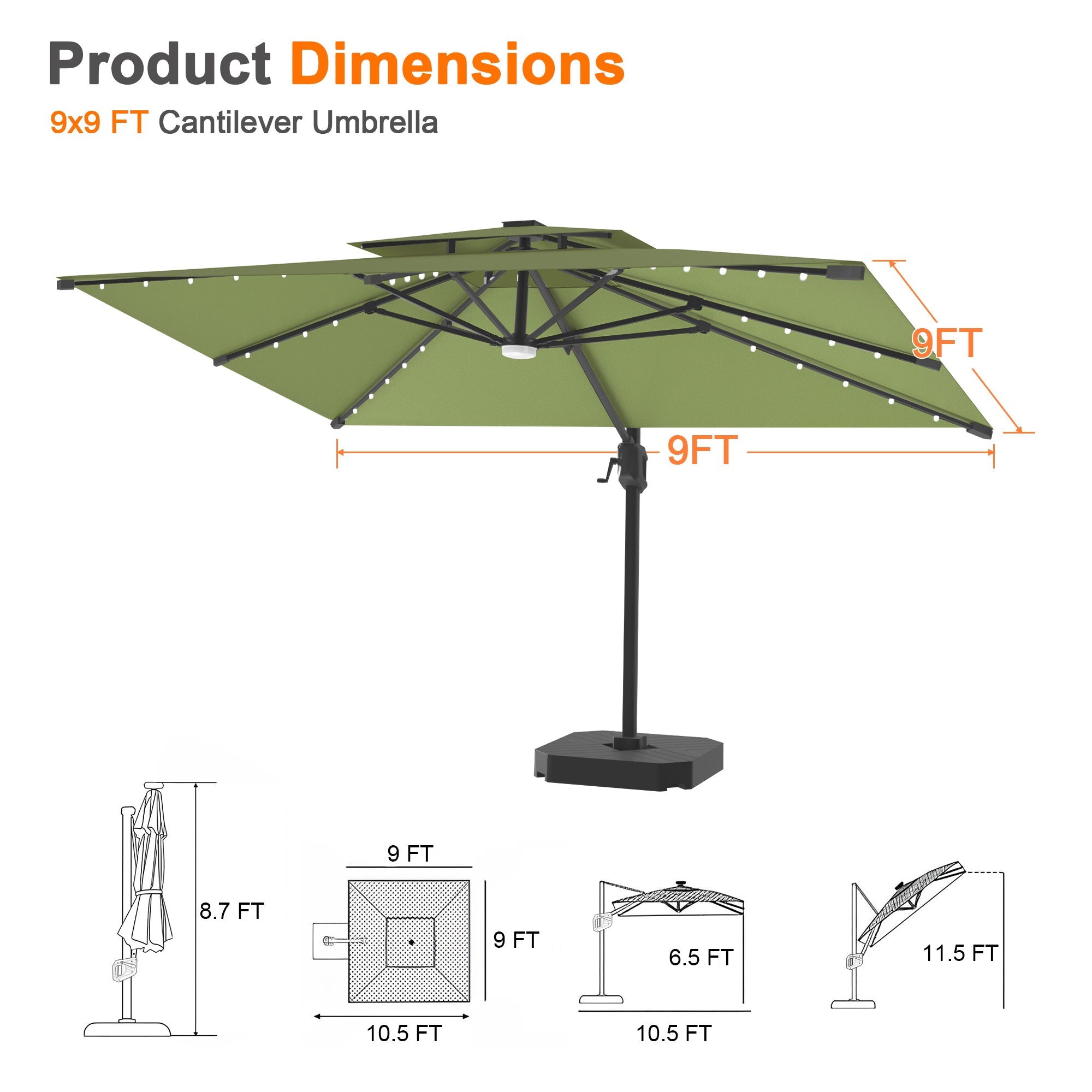 Sunvanta Auron Pro Cantilever Umbrella with Built-In LED Lighting and Reinforced Aluminum Frame for Patio & Garden Use