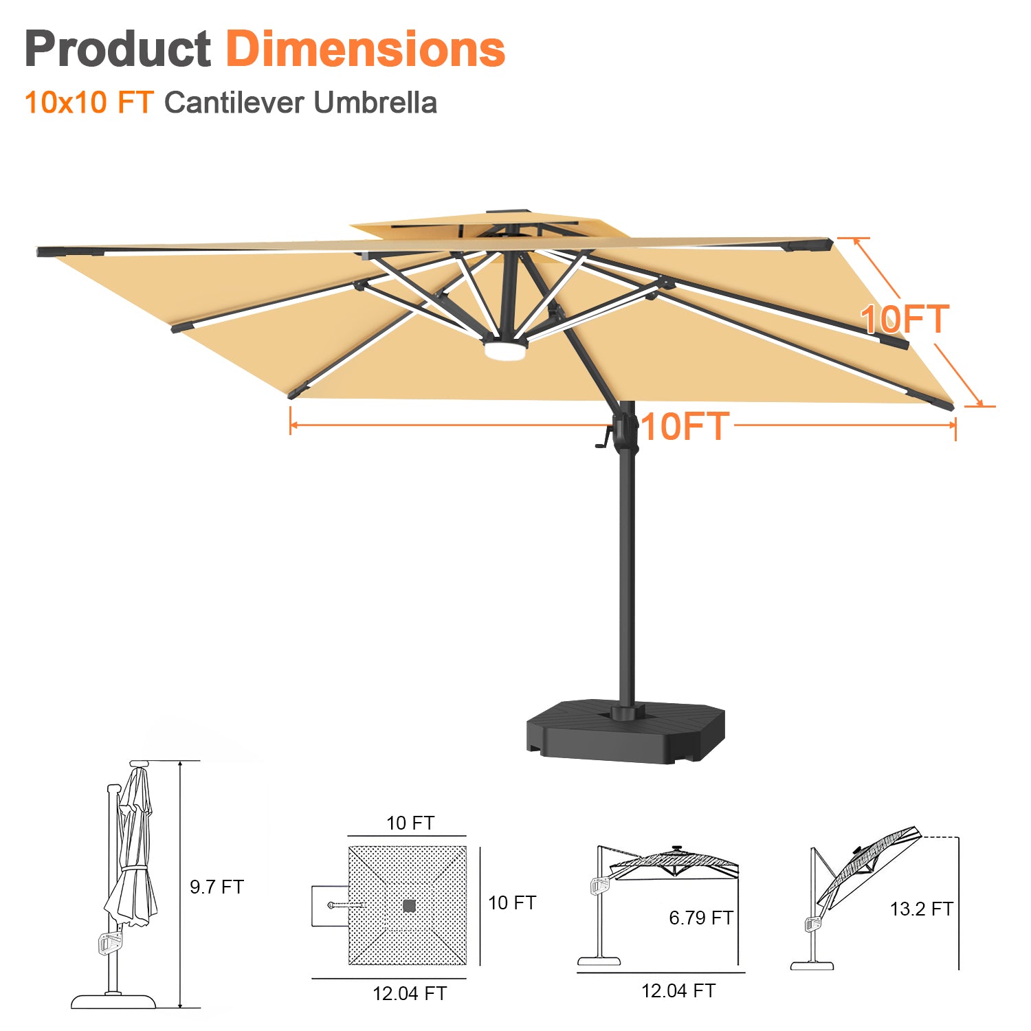 Sunvanta Auron Premium Cantilever Umbrella with Full-Rib LED Strip Lighting, Reinforced Fibreglass Ribs and Powder-Coated Aluminium Pole for Luxury Patio & Garden Shade