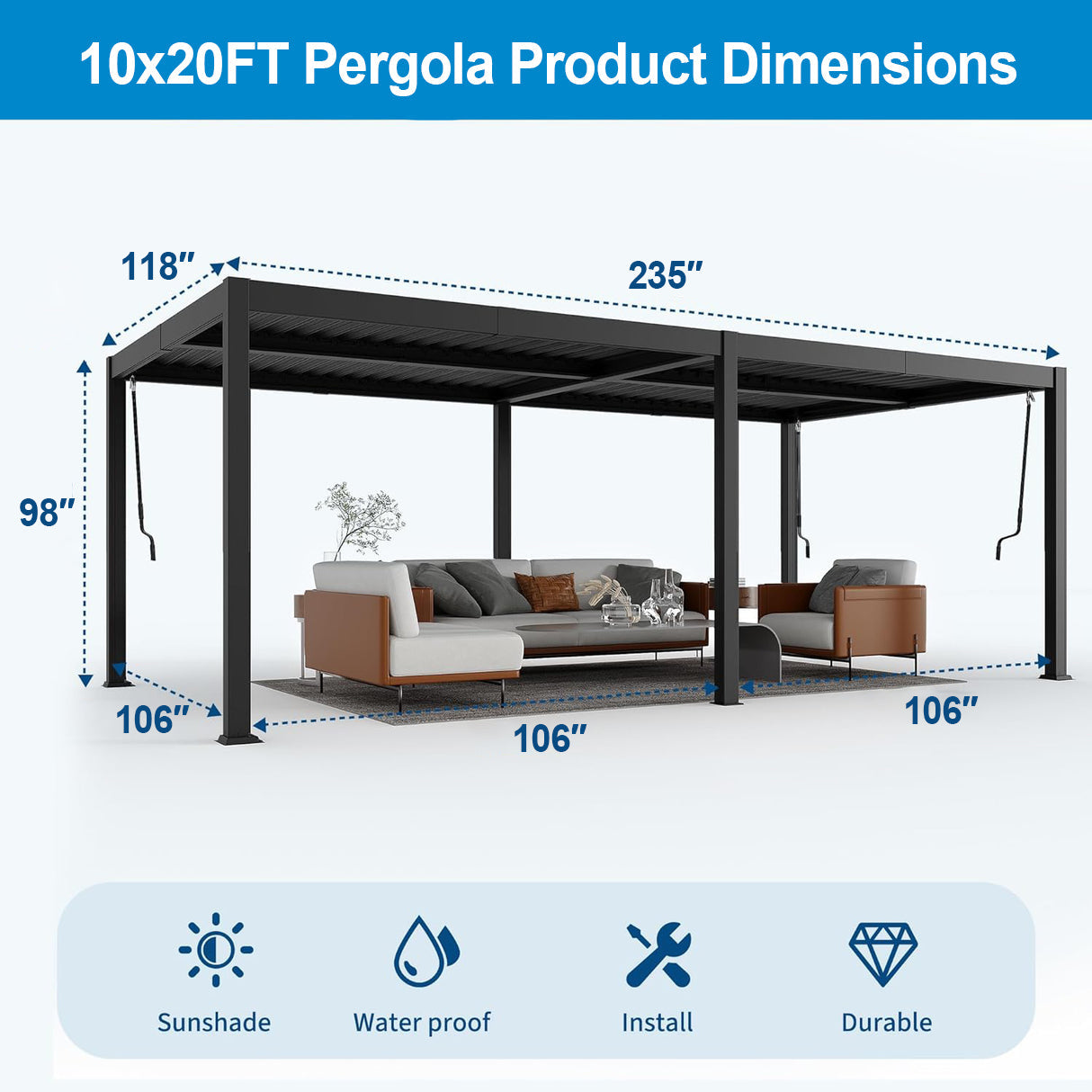 Sunvanta Atlantic 10 × 20 ft Metal Louvered Pergola – Adjustable Louvers Outdoor Pergola for Patio