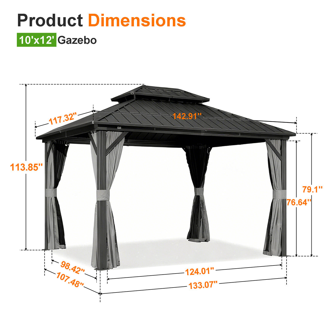Sunvanta Haven™ 10 × 12 ft Grey Hardtop Gazebo – Aluminum Outdoor Shelter with Ventilated Roof & Curtains