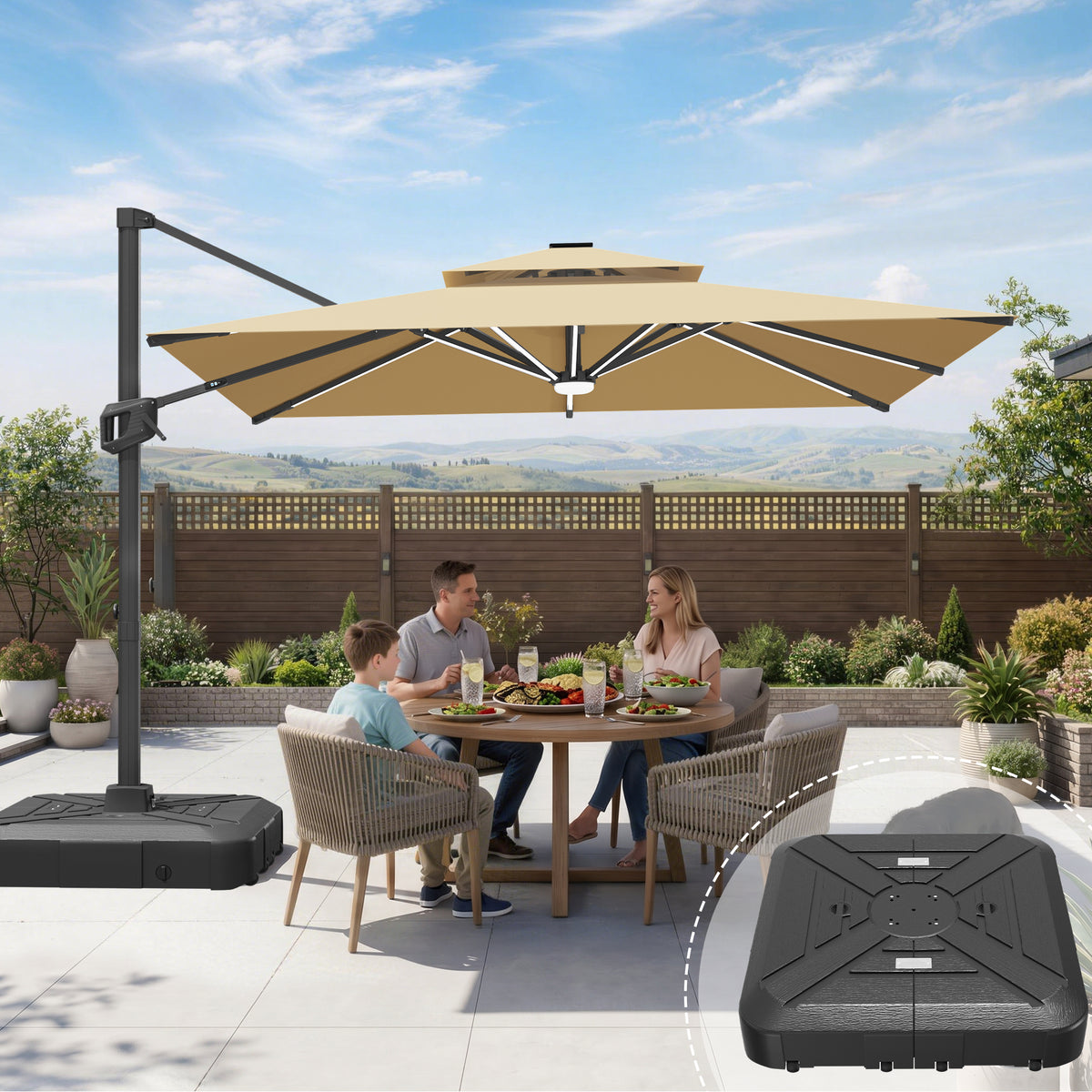 Sunvanta Auron Premium Cantilever Umbrella with Full-Rib LED Strip Lighting, Reinforced Fibreglass Ribs and Powder-Coated Aluminium Pole for Luxury Patio & Garden Shade