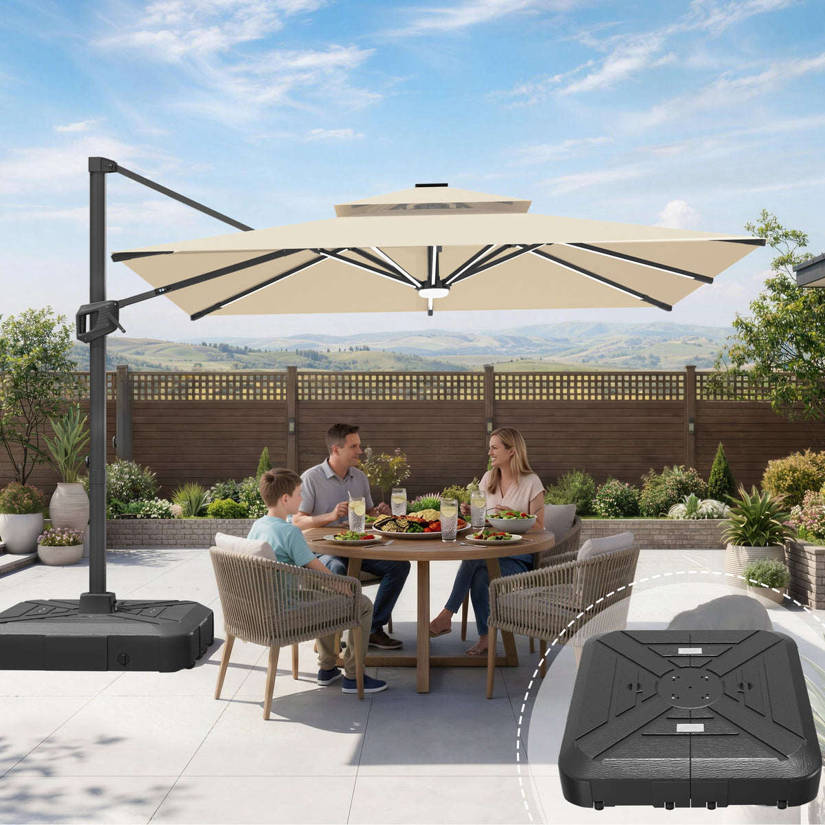 Sunvanta Auron Premium Cantilever Umbrella with Full-Rib LED Strip Lighting, Reinforced Fibreglass Ribs and Powder-Coated Aluminium Pole for Luxury Patio & Garden Shade