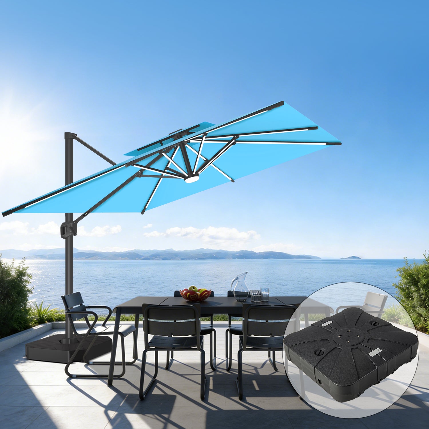 Sunvanta Auron Premium Cantilever Umbrella with Full-Rib LED Strip Lighting, Reinforced Fibreglass Ribs and Powder-Coated Aluminium Pole for Luxury Patio & Garden Shade