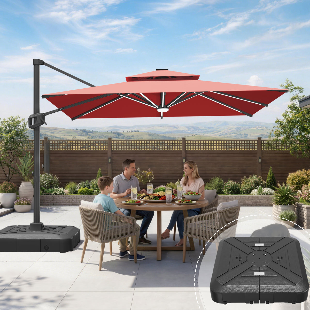 Sunvanta Auron Premium Cantilever Umbrella with Full-Rib LED Strip Lighting, Reinforced Fibreglass Ribs and Powder-Coated Aluminium Pole for Luxury Patio & Garden Shade