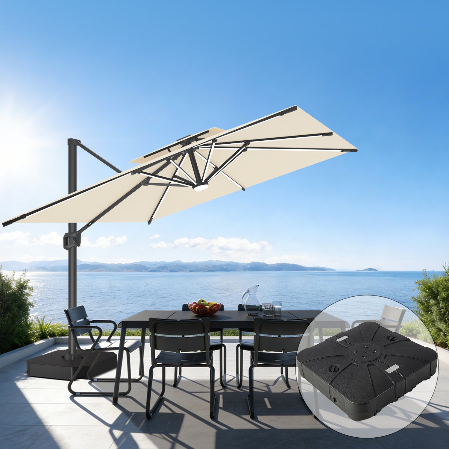 Sunvanta Auron Premium Cantilever Umbrella with Full-Rib LED Strip Lighting, Reinforced Fibreglass Ribs and Powder-Coated Aluminium Pole for Luxury Patio & Garden Shade
