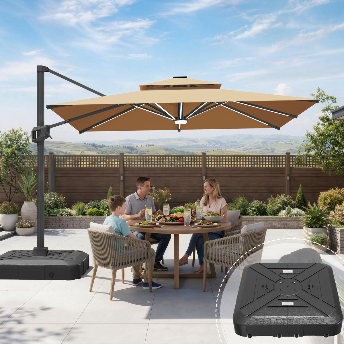 Sunvanta Auron Premium Cantilever Umbrella with Full-Rib LED Strip Lighting, Reinforced Fibreglass Ribs and Powder-Coated Aluminium Pole for Luxury Patio & Garden Shade