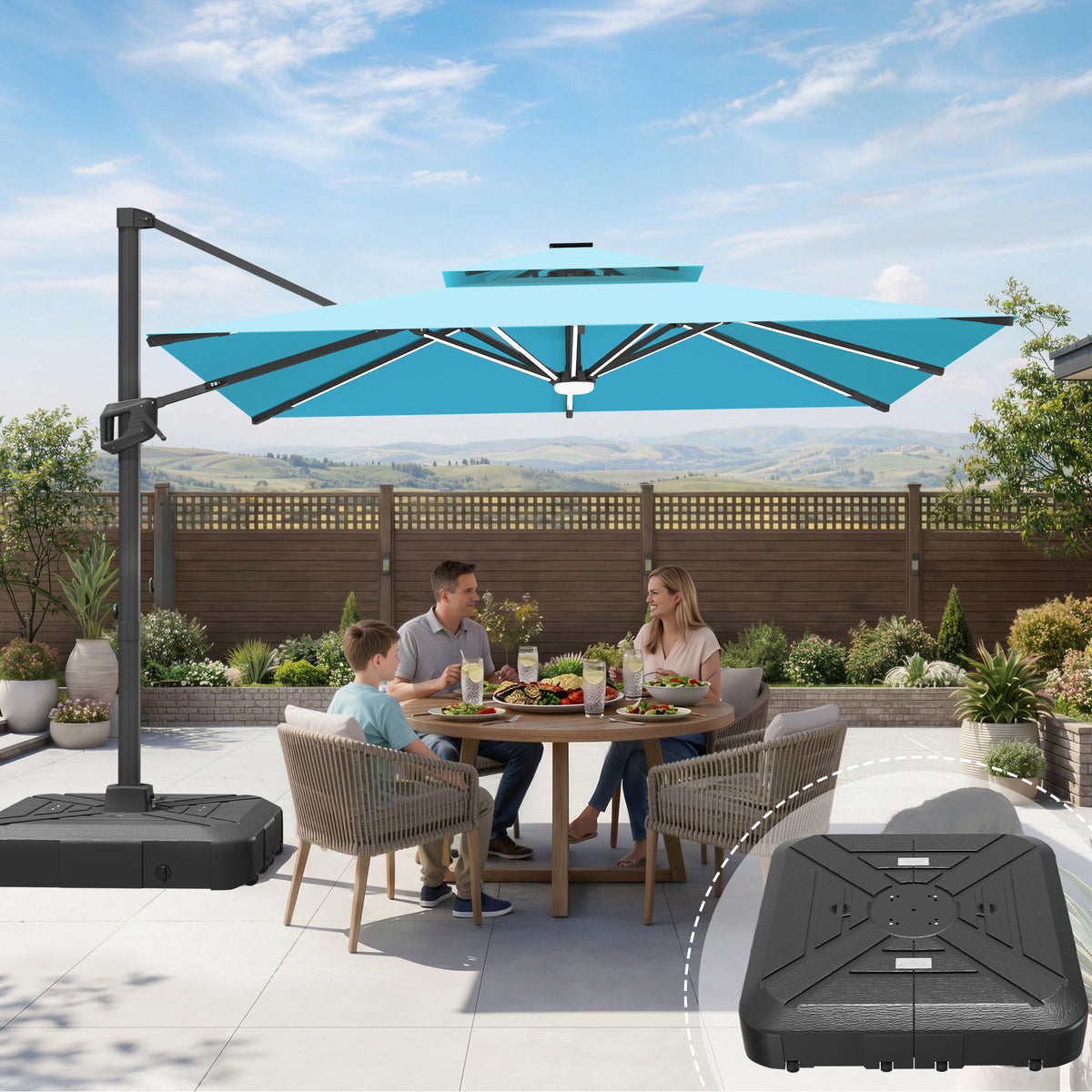 Sunvanta Auron Premium Cantilever Umbrella with Full-Rib LED Strip Lighting, Reinforced Fibreglass Ribs and Powder-Coated Aluminium Pole for Luxury Patio & Garden Shade