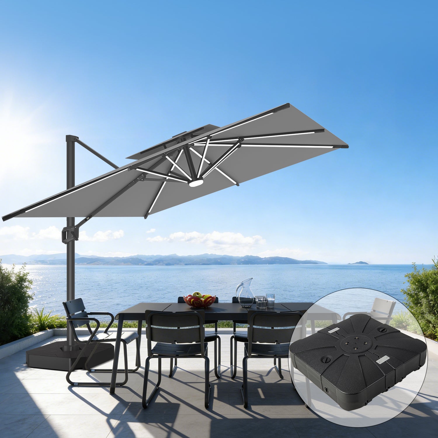 Sunvanta Auron Premium Cantilever Umbrella with Full-Rib LED Strip Lighting, Reinforced Fibreglass Ribs and Powder-Coated Aluminium Pole for Luxury Patio & Garden Shade