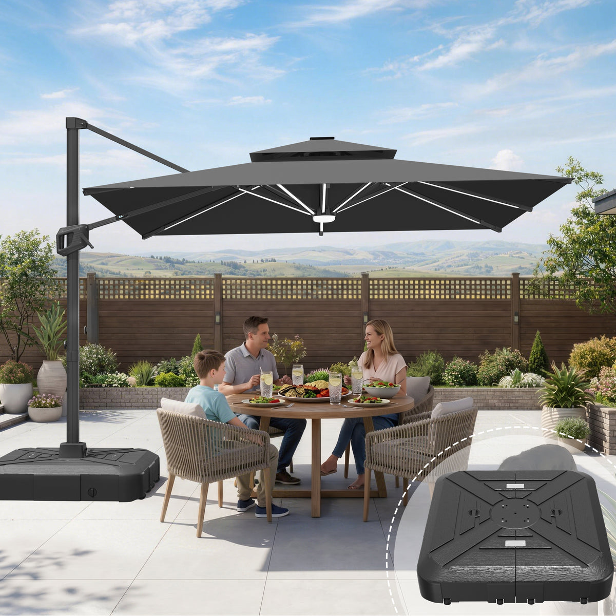 Sunvanta Auron Premium Cantilever Umbrella with Full-Rib LED Strip Lighting, Reinforced Fibreglass Ribs and Powder-Coated Aluminium Pole for Luxury Patio & Garden Shade