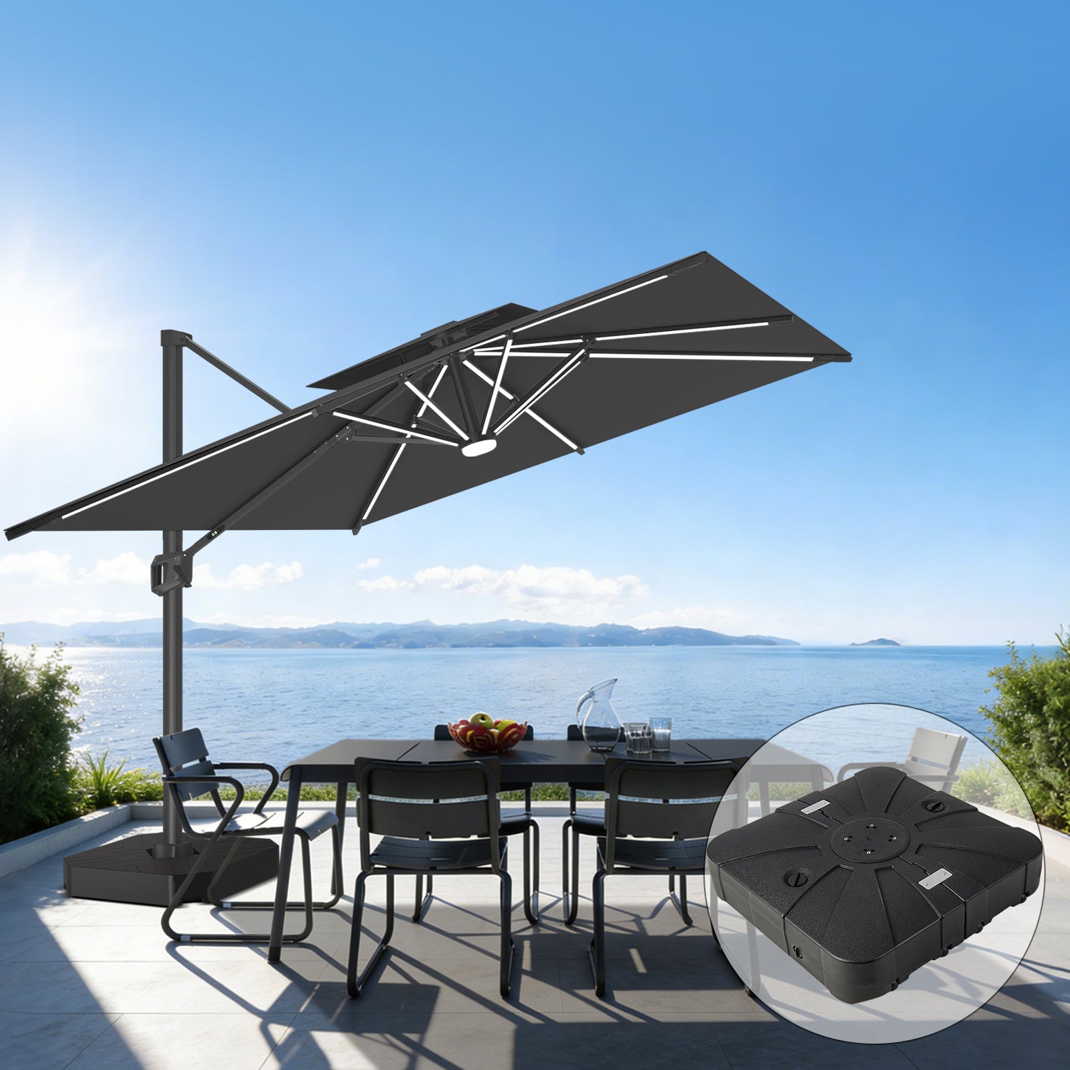 Sunvanta Auron Premium Cantilever Umbrella with Full-Rib LED Strip Lighting, Reinforced Fibreglass Ribs and Powder-Coated Aluminium Pole for Luxury Patio & Garden Shade