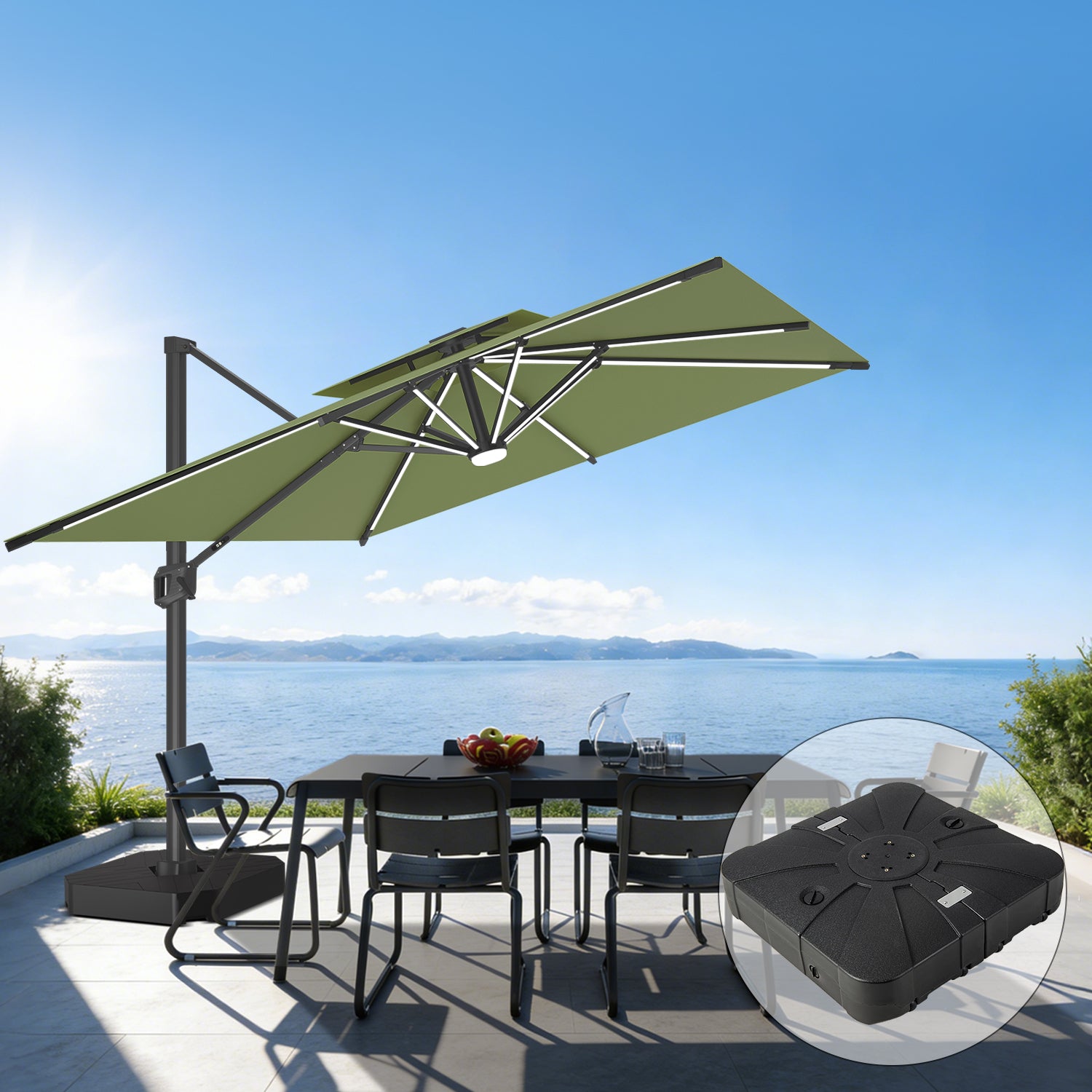 Sunvanta Auron Premium Cantilever Umbrella with Full-Rib LED Strip Lighting, Reinforced Fibreglass Ribs and Powder-Coated Aluminium Pole for Luxury Patio & Garden Shade
