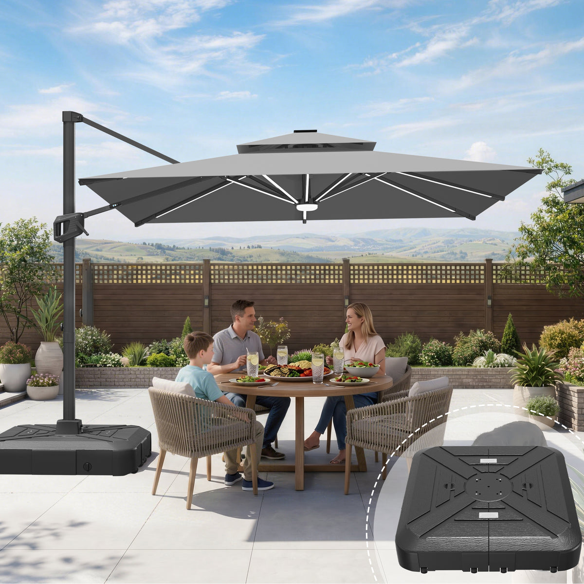 Sunvanta Auron Premium Cantilever Umbrella with Full-Rib LED Strip Lighting, Reinforced Fibreglass Ribs and Powder-Coated Aluminium Pole for Luxury Patio & Garden Shade