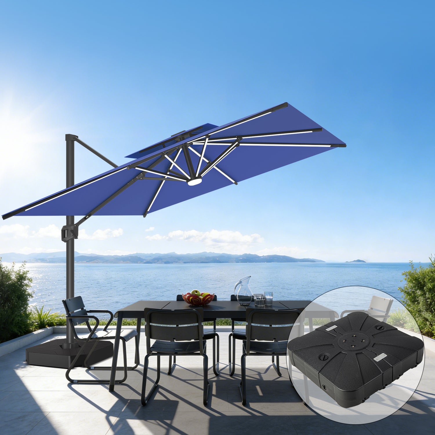 Sunvanta Auron Premium Cantilever Umbrella with Full-Rib LED Strip Lighting, Reinforced Fibreglass Ribs and Powder-Coated Aluminium Pole for Luxury Patio & Garden Shade