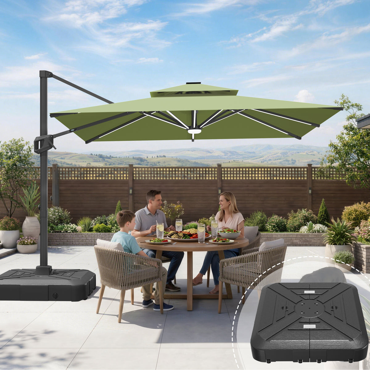Sunvanta Auron Premium Cantilever Umbrella with Full-Rib LED Strip Lighting, Reinforced Fibreglass Ribs and Powder-Coated Aluminium Pole for Luxury Patio & Garden Shade
