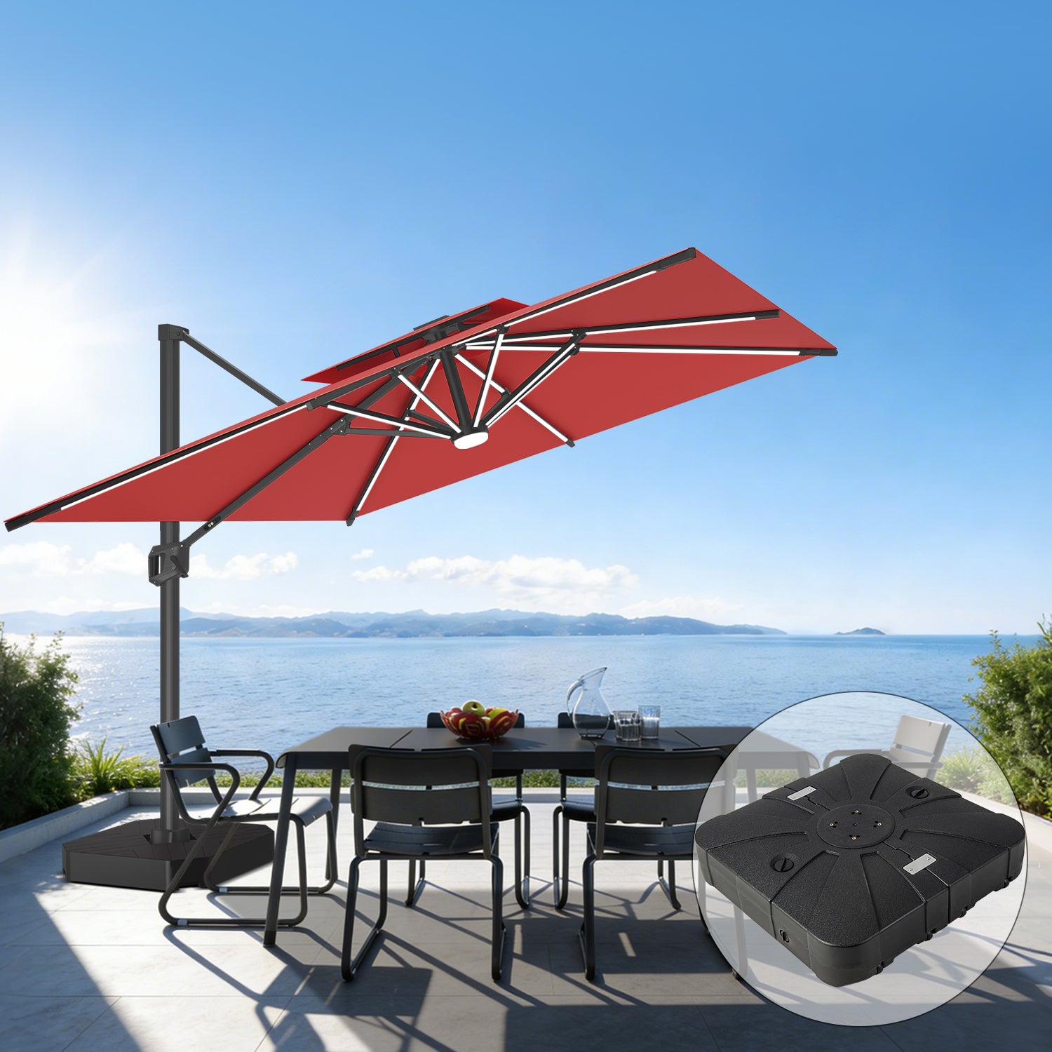 Sunvanta Auron Premium Cantilever Umbrella with Full-Rib LED Strip Lighting, Reinforced Fibreglass Ribs and Powder-Coated Aluminium Pole for Luxury Patio & Garden Shade