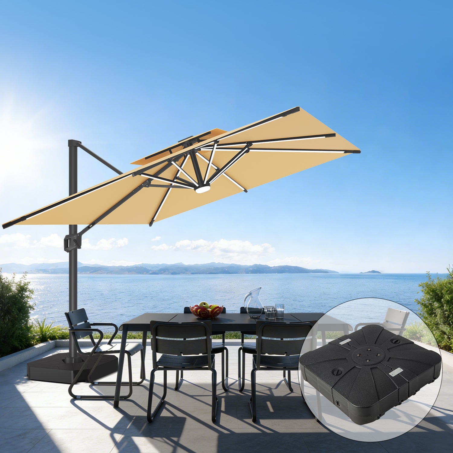 Sunvanta Auron Premium Cantilever Umbrella with Full-Rib LED Strip Lighting, Reinforced Fibreglass Ribs and Powder-Coated Aluminium Pole for Luxury Patio & Garden Shade