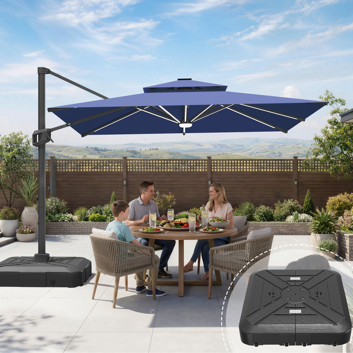 Sunvanta Auron Premium Cantilever Umbrella with Full-Rib LED Strip Lighting, Reinforced Fibreglass Ribs and Powder-Coated Aluminium Pole for Luxury Patio & Garden Shade