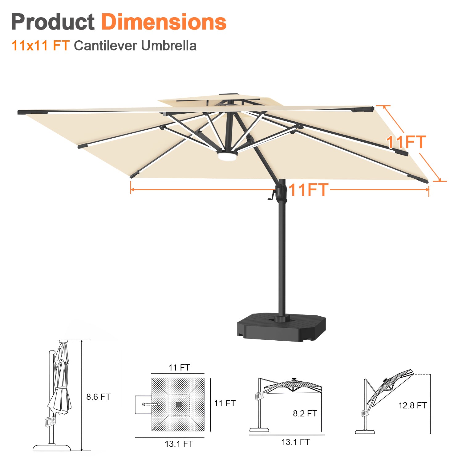 Sunvanta Auron Premium Cantilever Umbrella with Full-Rib LED Strip Lighting, Reinforced Fibreglass Ribs and Powder-Coated Aluminium Pole for Luxury Patio & Garden Shade
