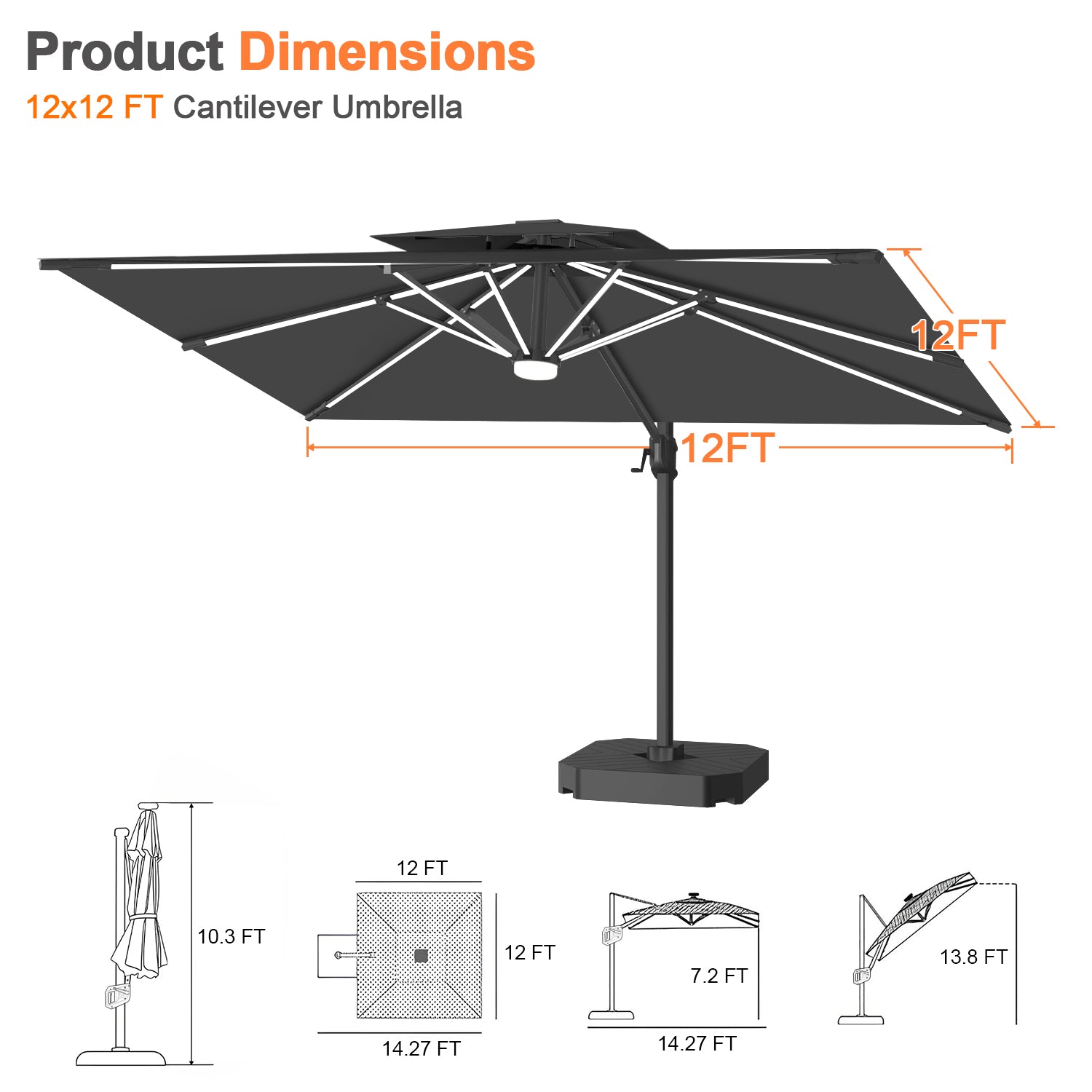 Sunvanta Auron Premium Cantilever Umbrella with Full-Rib LED Strip Lighting, Reinforced Fibreglass Ribs and Powder-Coated Aluminium Pole for Luxury Patio & Garden Shade