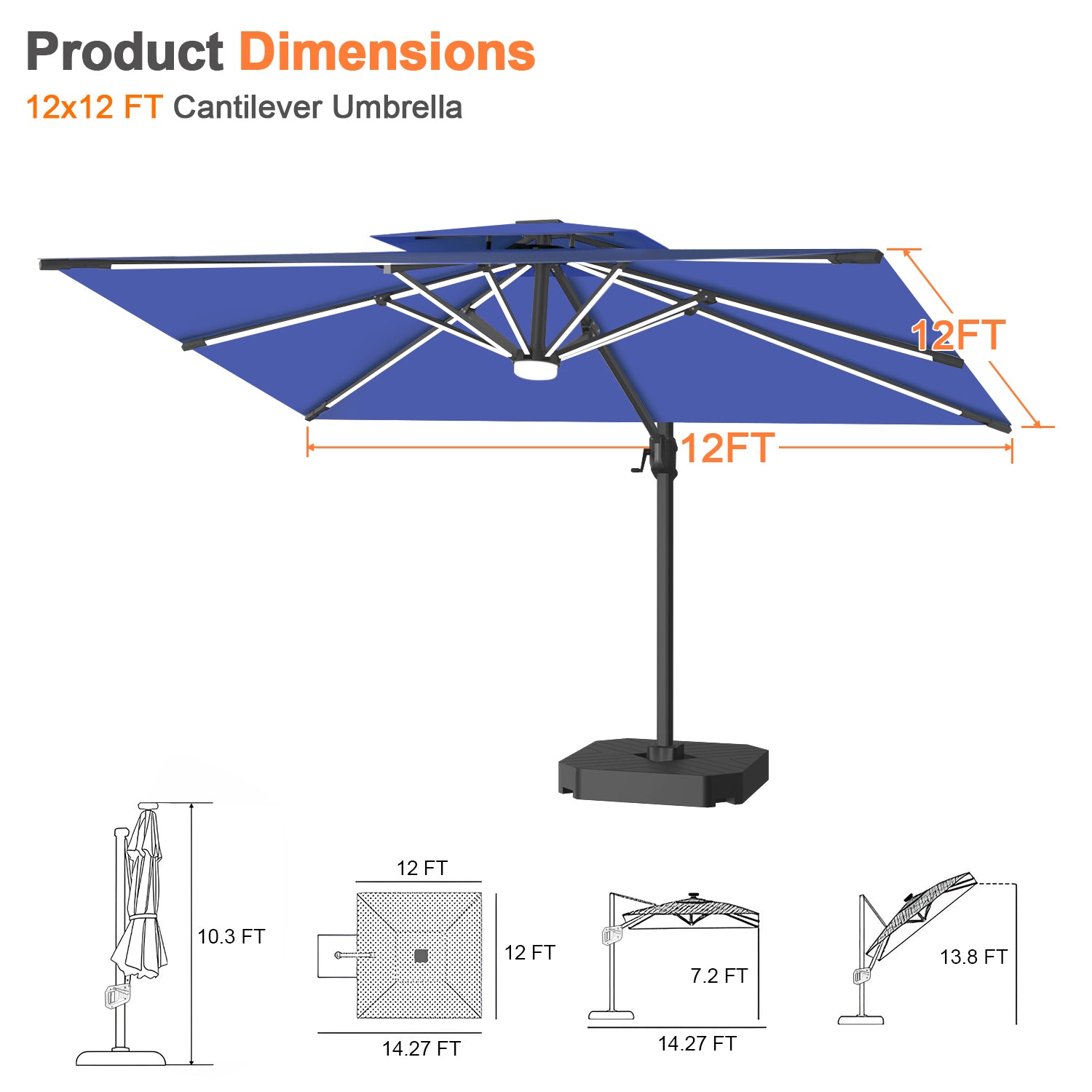 Sunvanta Auron Premium Cantilever Umbrella with Full-Rib LED Strip Lighting, Reinforced Fibreglass Ribs and Powder-Coated Aluminium Pole for Luxury Patio & Garden Shade