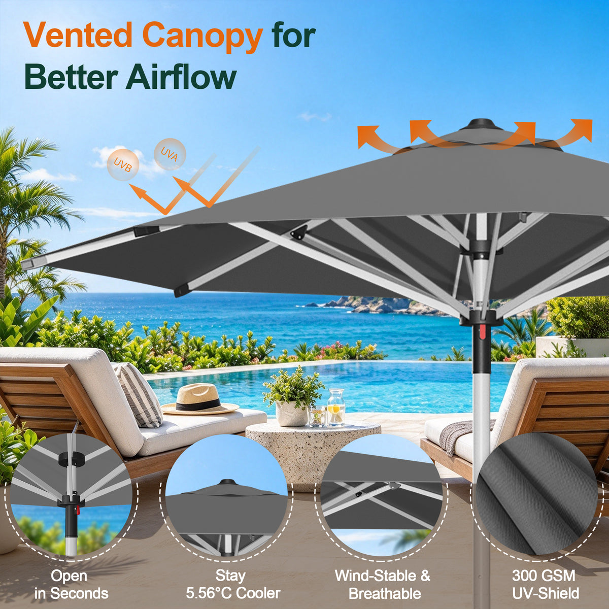 SUNVANTA Round Market Patio Umbrella – 300 GSM Canopy with Manual Lift & Locking Pin
