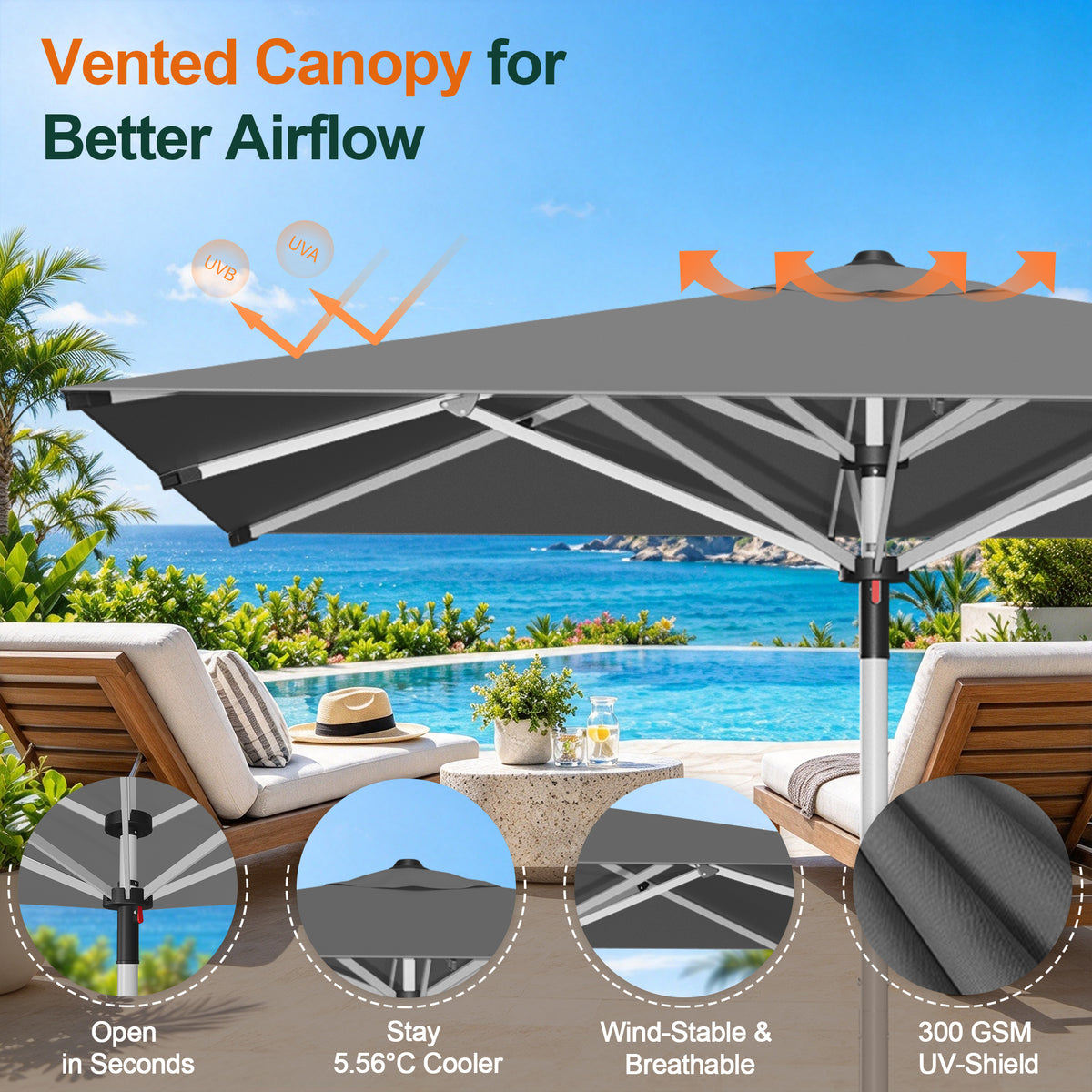 SUNVANTA Square Market Patio Umbrella – 300 GSM Canopy with Manual Lift & Locking Pin