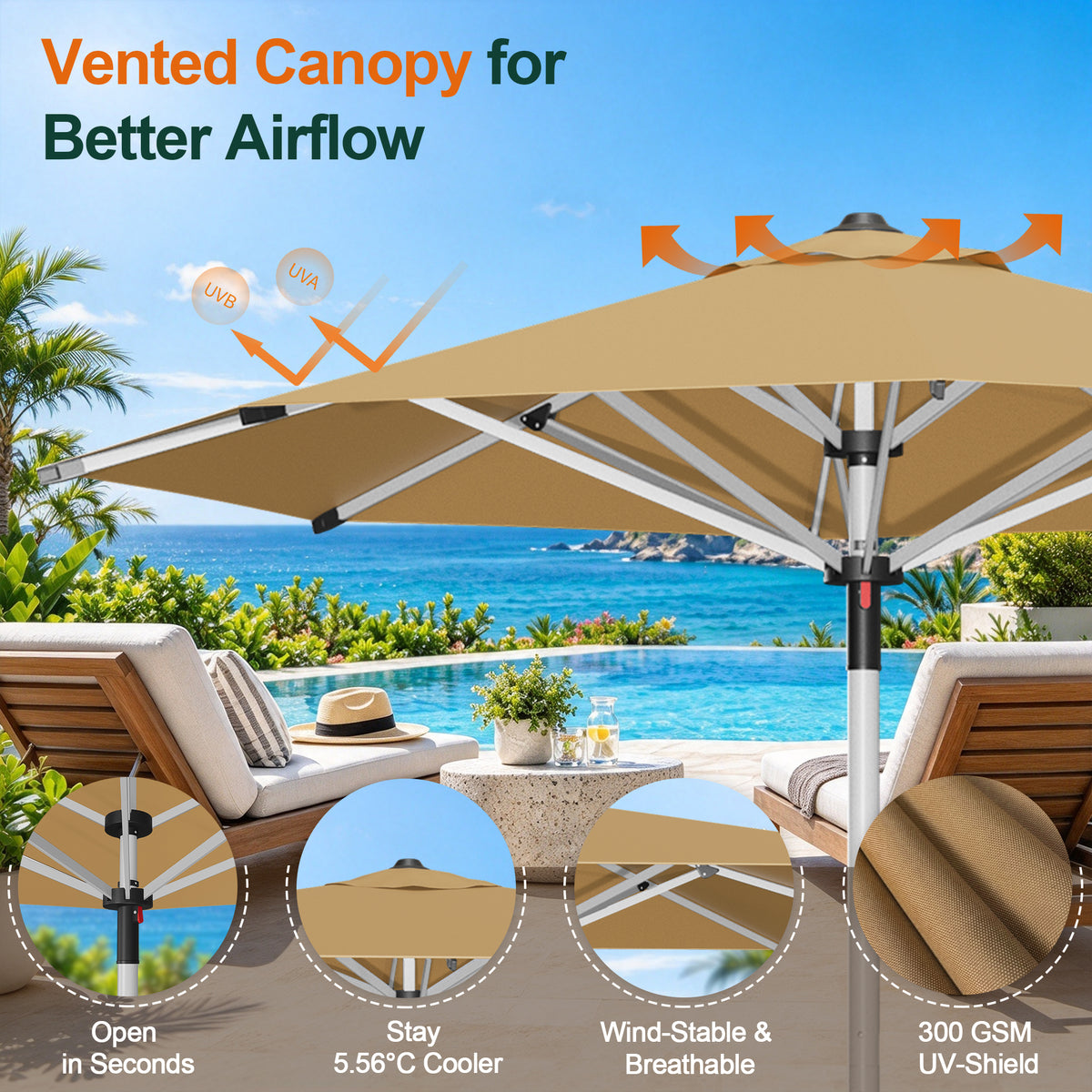SUNVANTA Round Market Patio Umbrella – 300 GSM Canopy with Manual Lift & Locking Pin