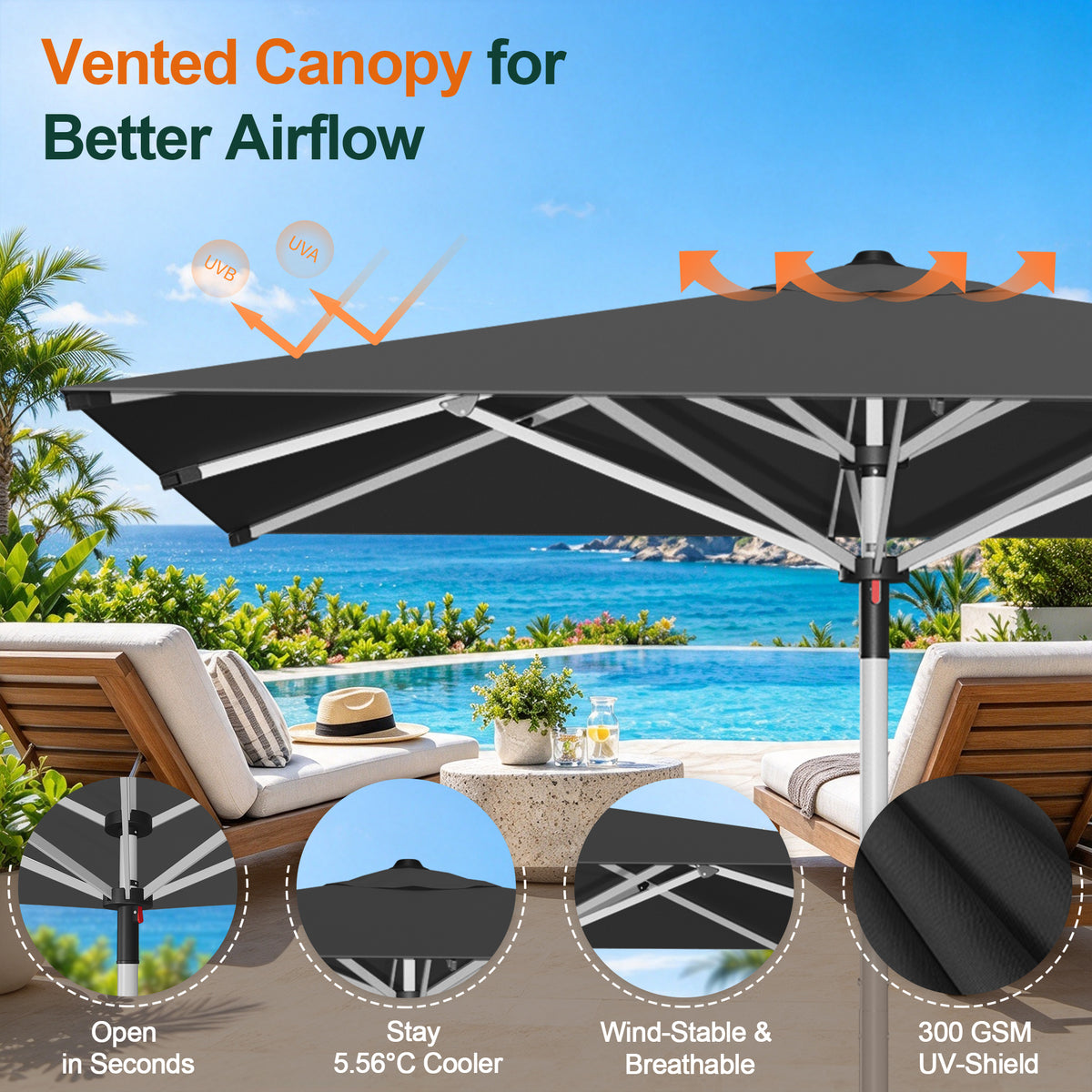 SUNVANTA Square Market Patio Umbrella – 300 GSM Canopy with Manual Lift & Locking Pin
