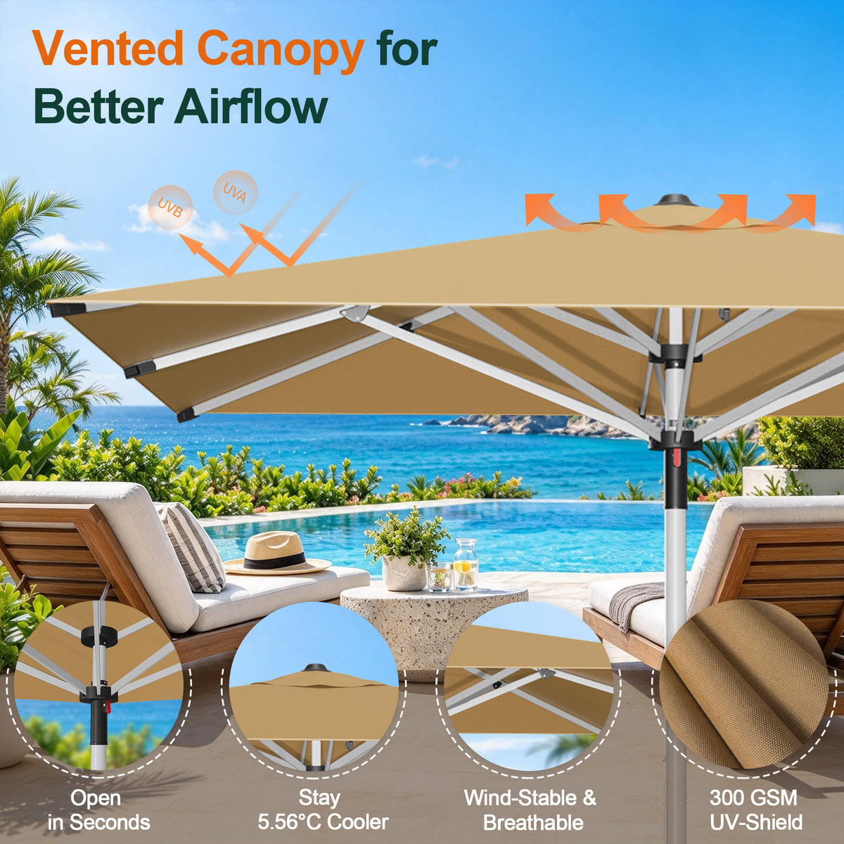 SUNVANTA Square Market Patio Umbrella – 300 GSM Canopy with Manual Lift & Locking Pin